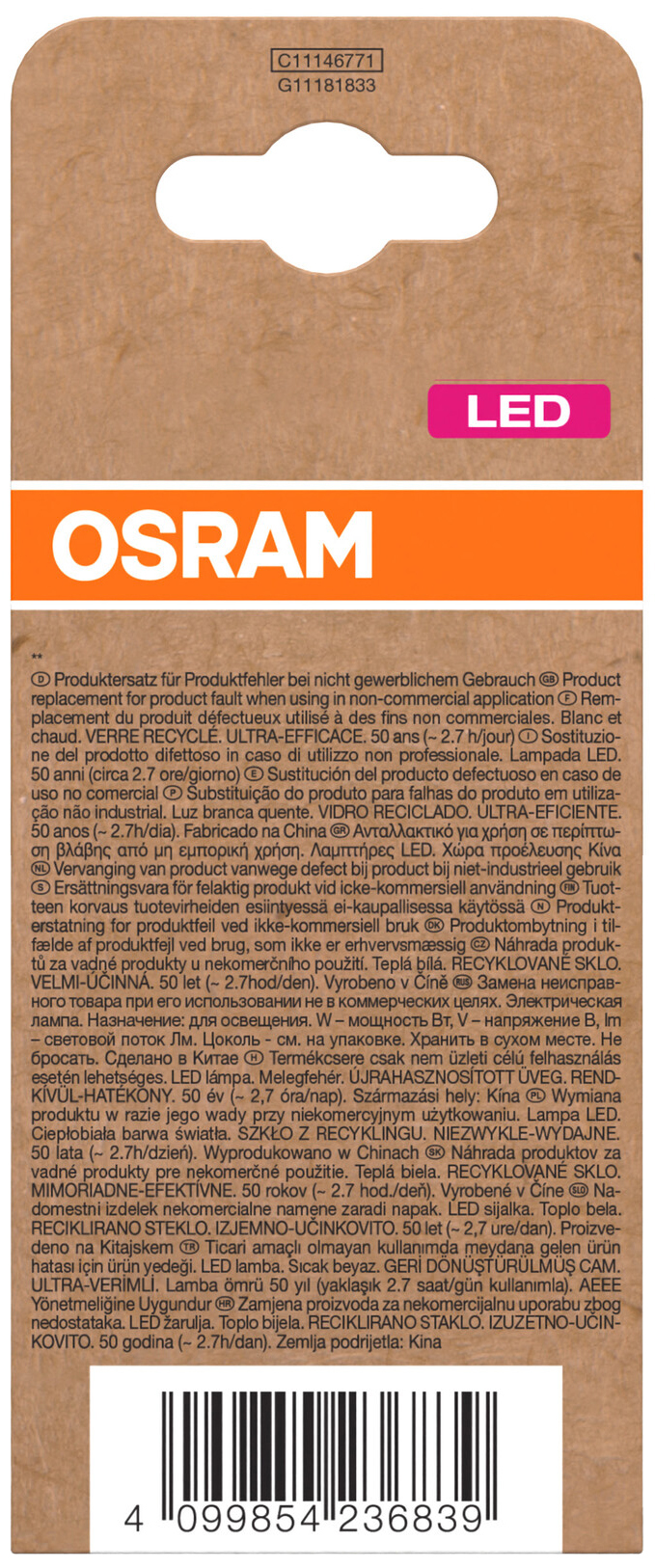 OSRAM LED-Lampe, Kolbenform, E27, 5 W, 2700 K, EEK: A, 1055 lm, warmweiß
