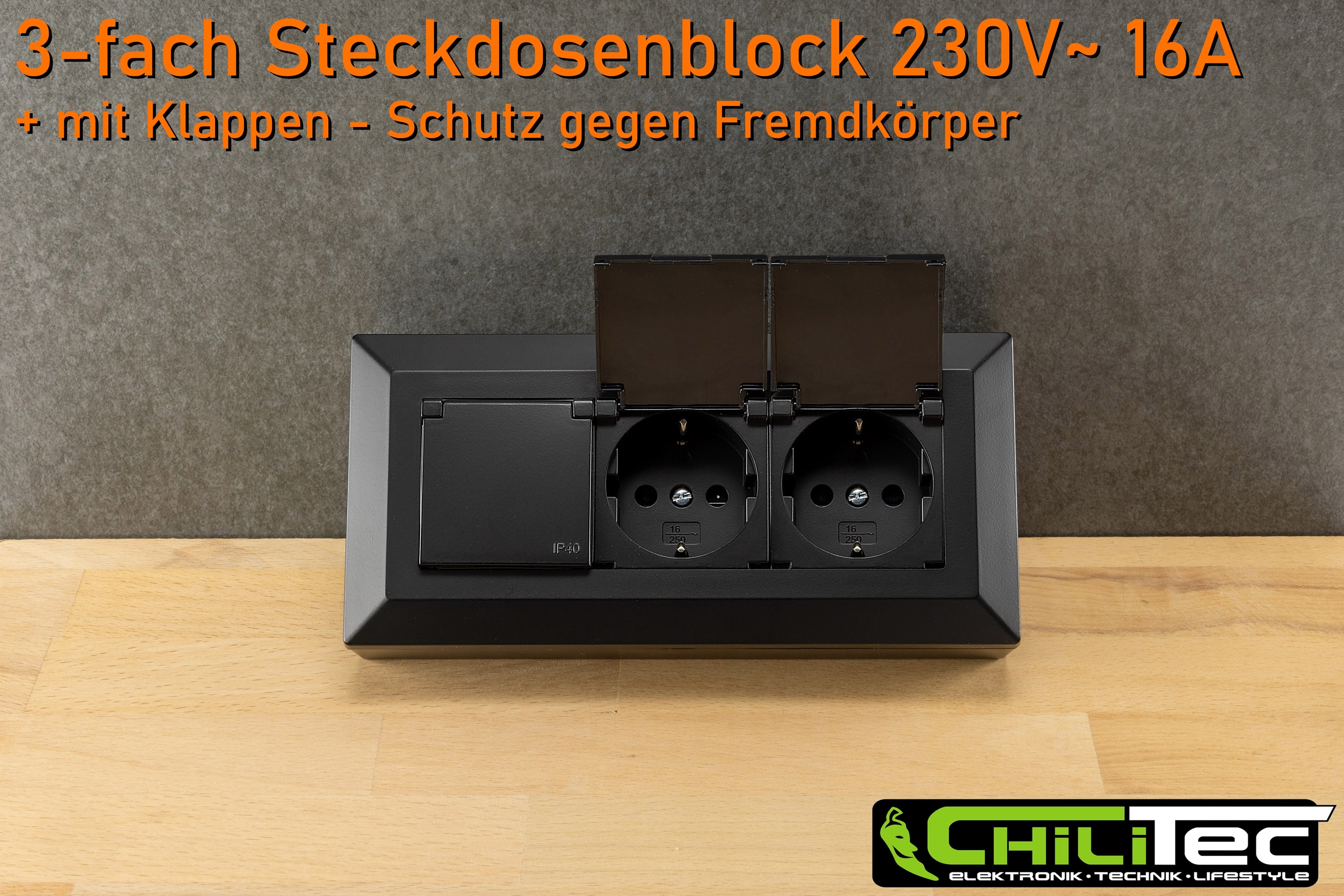 CHILITEC Steckdosenblock 23933, 3-fach, mit Schutzklappen, 250V/16A, schwarz