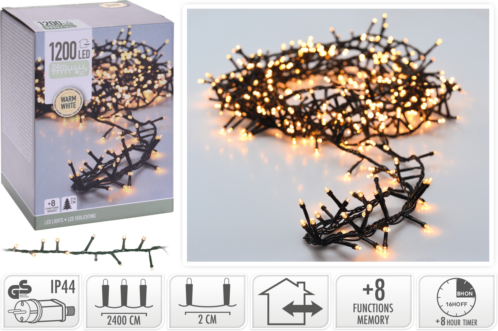 LED-Clusterlichterkette warmweiß, 1200 LEDs, Grünes Kabel, Innen/Außen, 24m KOOPMAN LED-Clusterlichterkette warmweiß, 1200 LEDs, Grünes Kabel, Innen/Außen, 27m