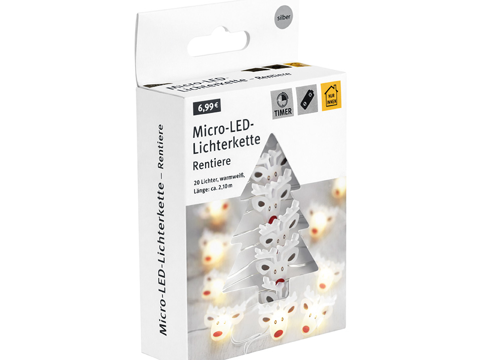 Micro-LED-Lichterkette, Rentiere, 3 V, 20 LEDs, Silberdraht, warmweiß, 2,10m
