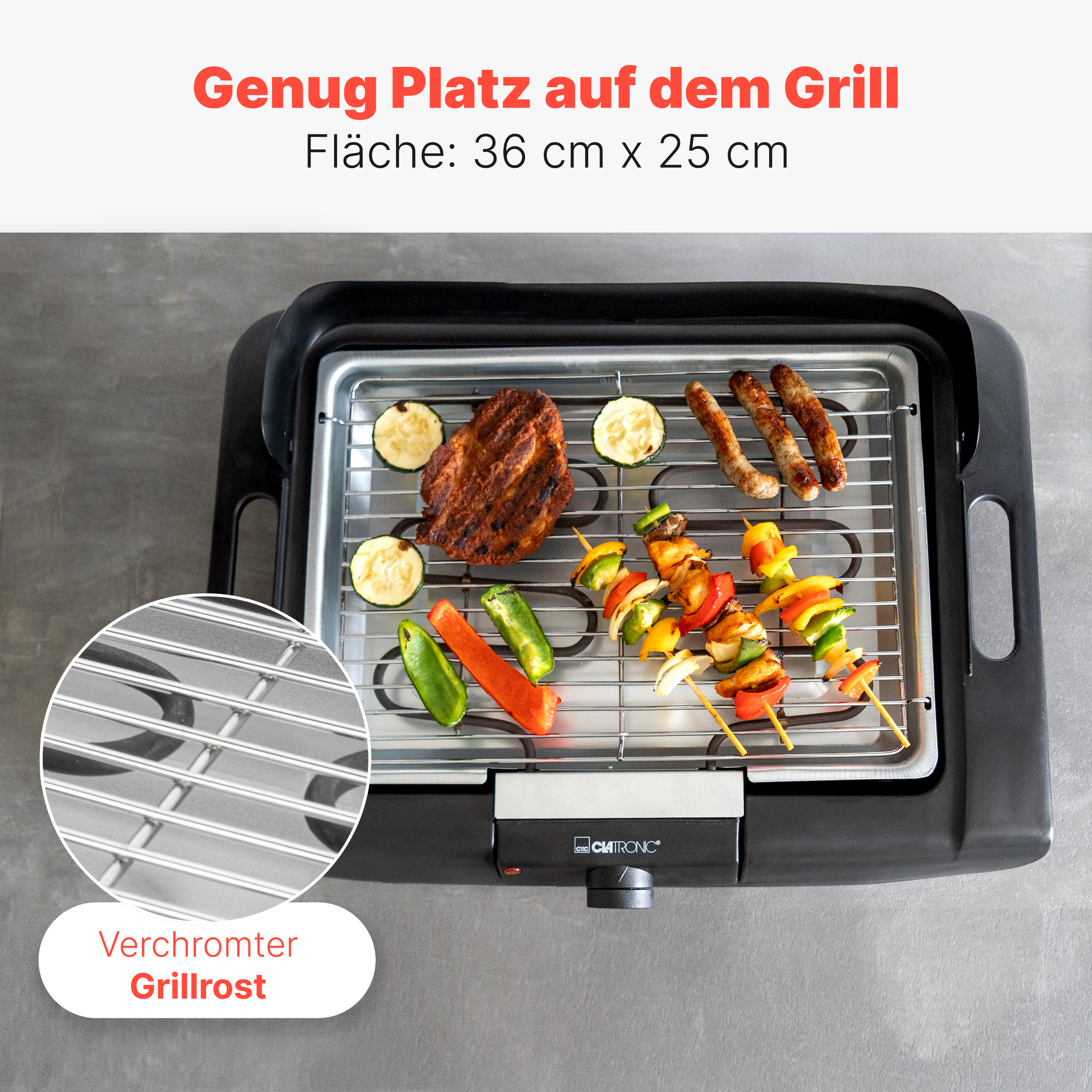 CLATRONIC Barbecue-Tischgrill BQ 3841, Elektrogrill, Schwarz, 2000 W