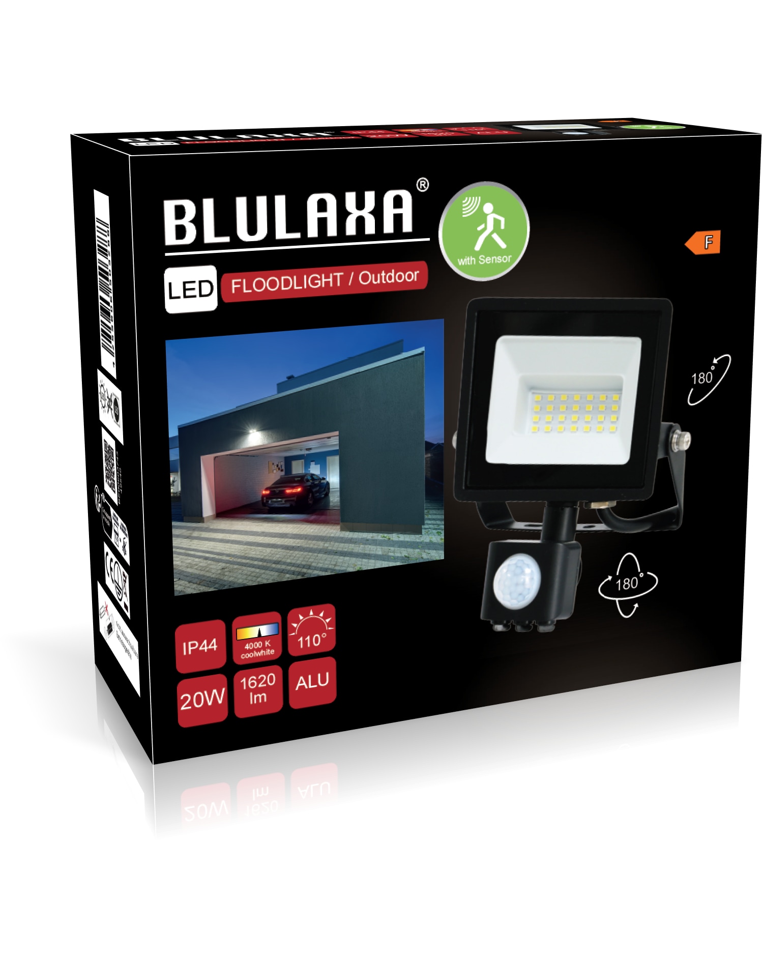 BLULAXA LED-Fluter mit Bewegungsmelder, EEK: F, 20W, 1620lm, 4000K, schwarz