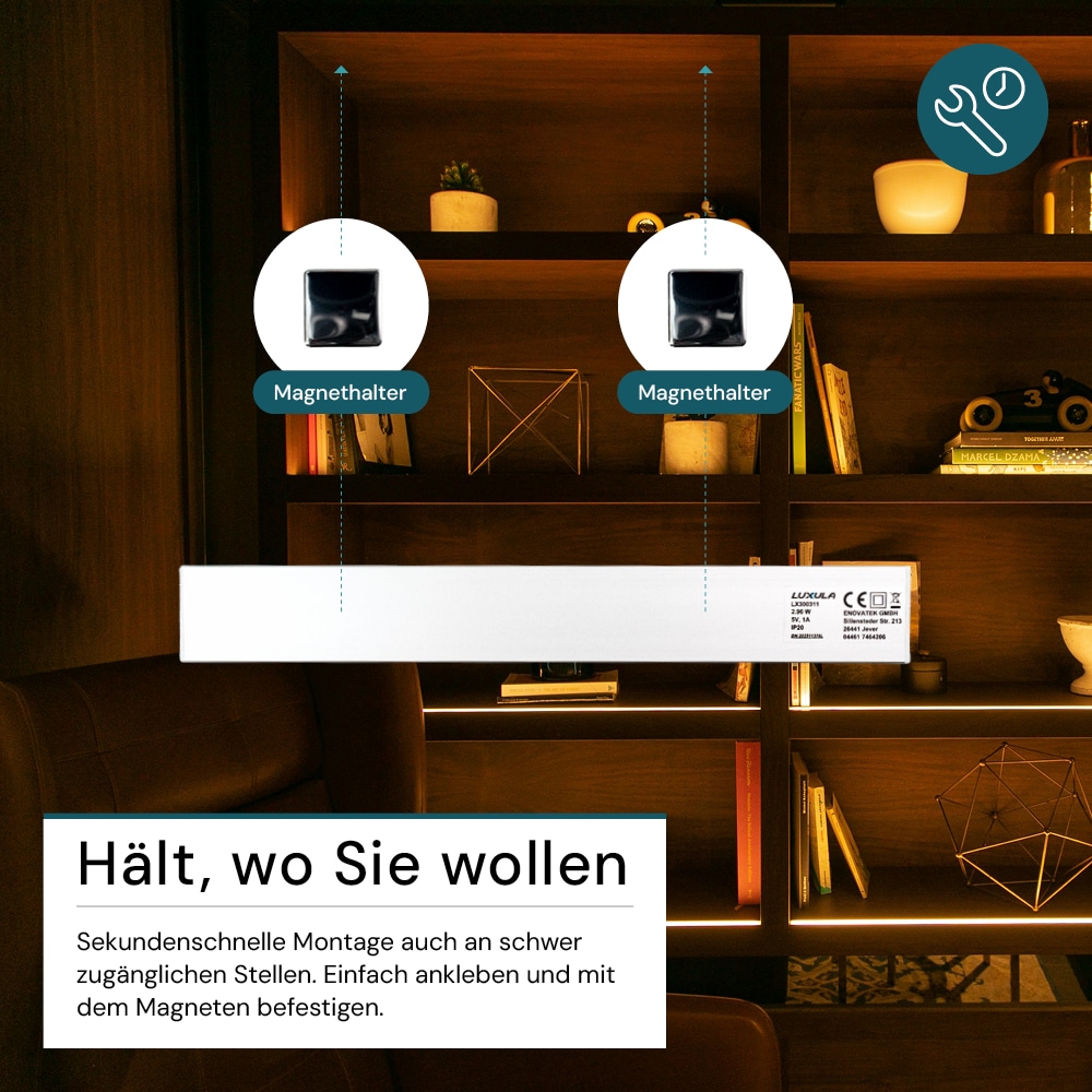 LUXULA LED-Schrankleuchte mit Bewegungsmelder, 2,96W, 850lm, CCT, IP20, silber, 30cm
