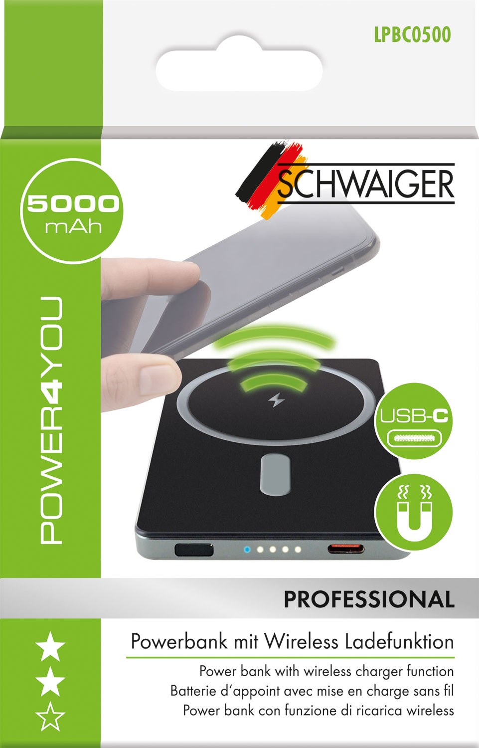 SCHWAIGER Powerbank LPBC0500, 5.000 mAh, QI-Ladefunktion, MagSafe-kompatibel, Wireless & USB-C, Aluminiumgehäuse