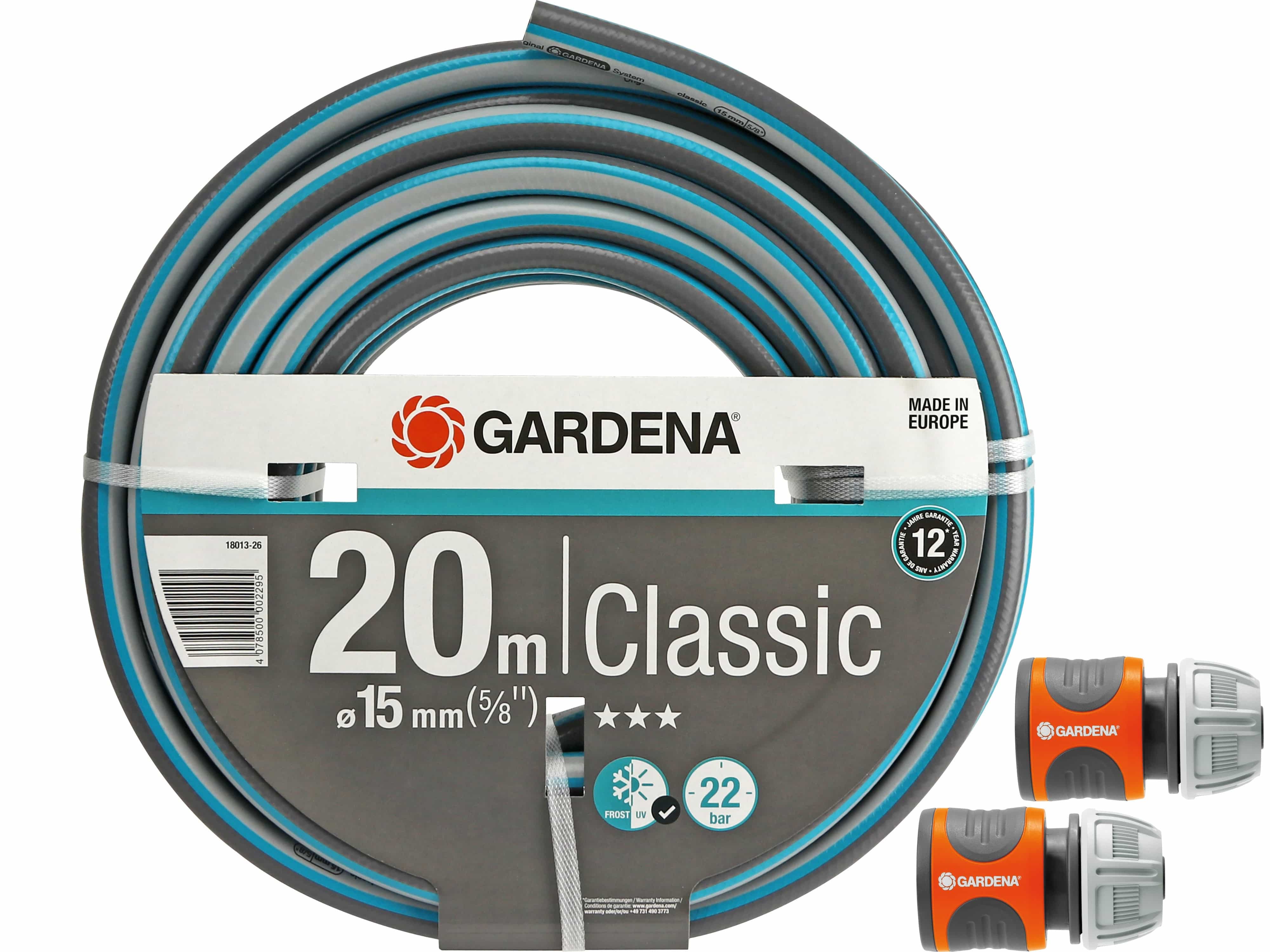 GARDENA Gartenschlauch-Set 18013-26 Classic, 20 m, 15 mm (5/8"), Schlauchverbinder 18215-20