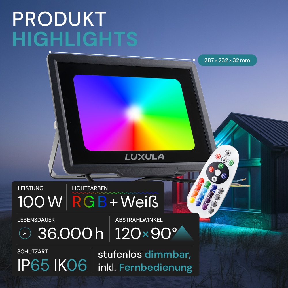 LUXULA RGB LED-Fluter LX400184, 100W, IP65, schwarz, mit Fernbedienung