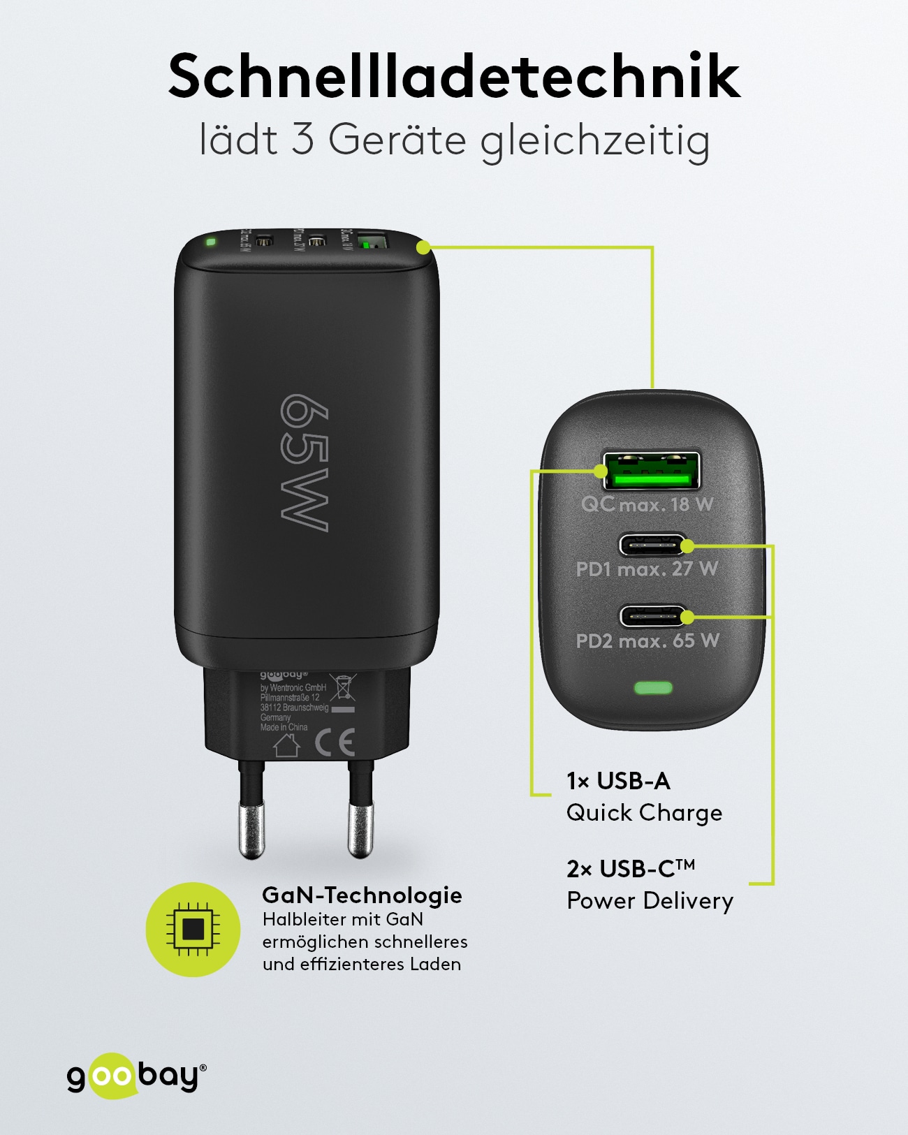 GOOBAY USB-Lader 65407, 65 W, 3-fach, 2xC PD, 1xA QC GaN, schwarz GOOBAY USB-Lader 65407, 65 W, 3-fach, 2xC PD, 1xA QC GaN, schwarz