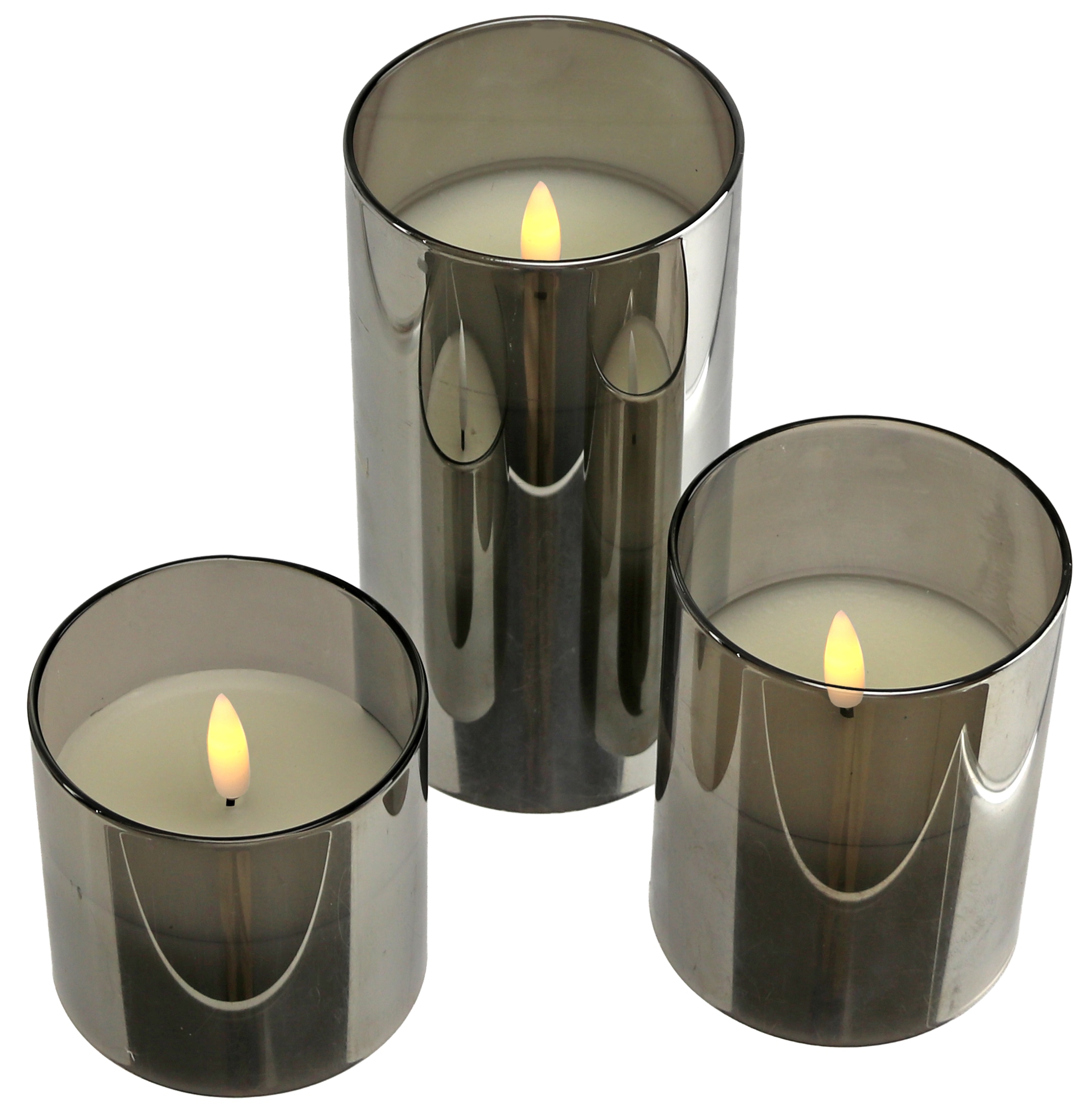 LED-Echtwachskerze, Glas, mit Timer, 3 Stück, grau LED-Echtwachskerze, Glas, mit Timer, 3 Stück, grau