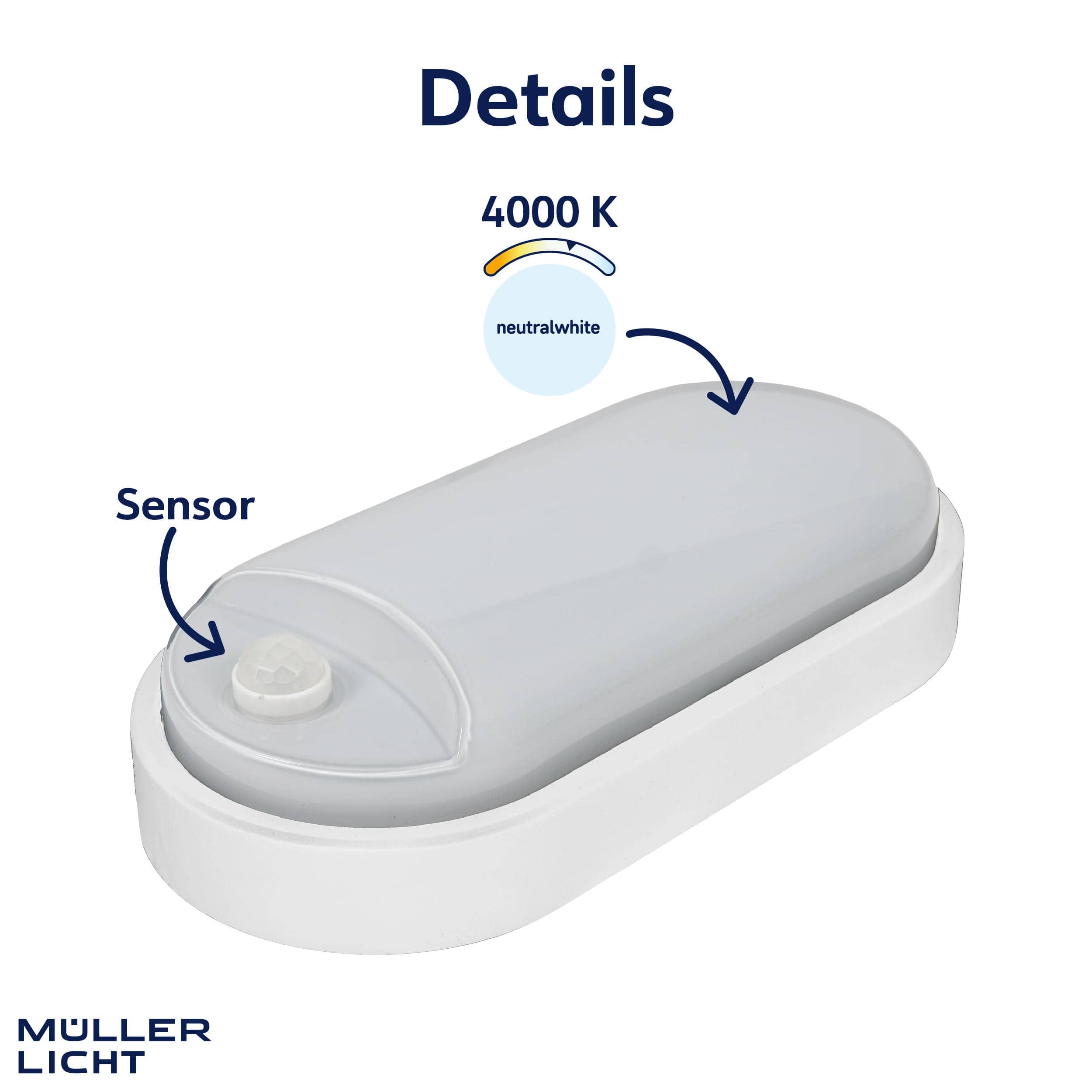 MÜLLER-LICHT LED-Wand- und Deckenleuchte 20300538, 9W, 650 lm, 4000K, IP54, Bewegungsmelder, oval