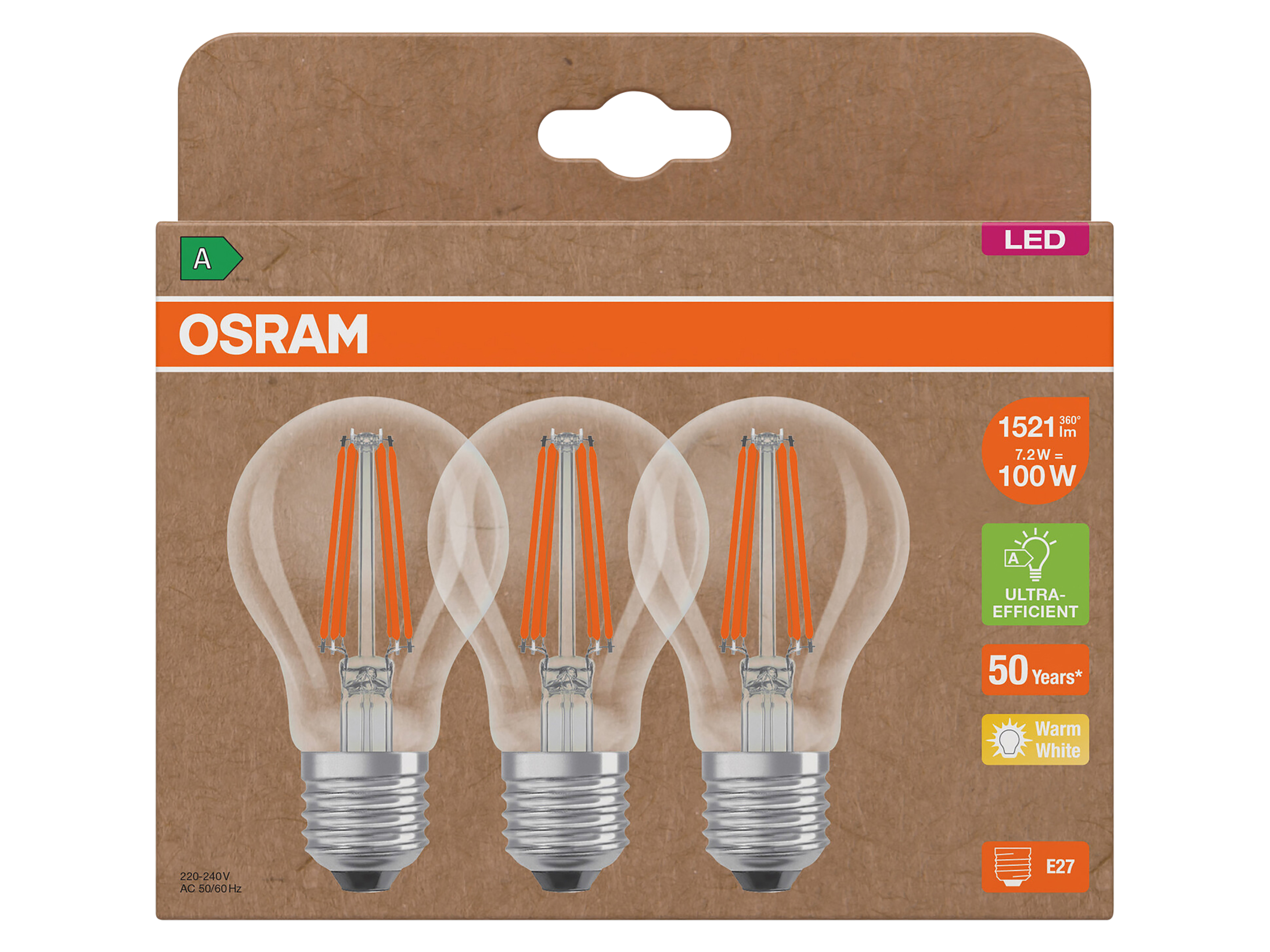 OSRAM LED-Lampe, E27, 7,2W, 2700K, EEK: A, 1521lm, warmweiß, IP20, klar, 3 Stück OSRAM LED-Lampe, E27, 7,2W, 2700K, EEK: A, 1521lm, warmweiß, IP20, klar, 3 Stück