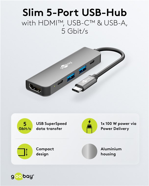 GOOBAY USB3.2 Hub 78967 Slim 5 Port USB-C auf HDMI/USB-C/USB-A 5 Gbit/s
