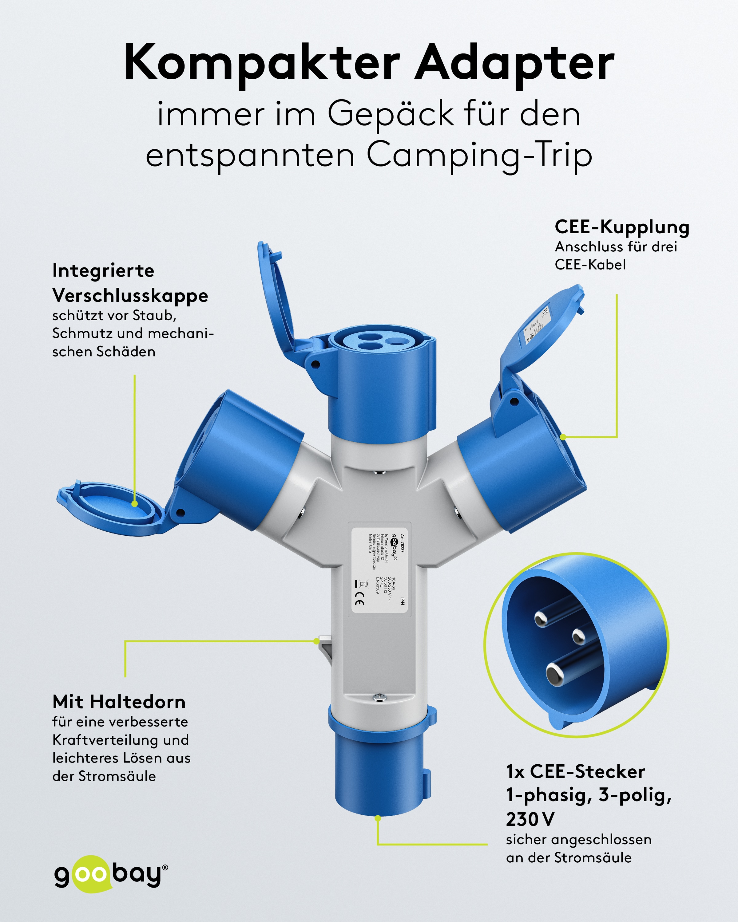 GOOBAY CEE-Adapter Y, 76237, Stecker zu 3x Kupplung GOOBAY CEE-Adapter Y, 76237, Stecker zu 3x Kupplung
