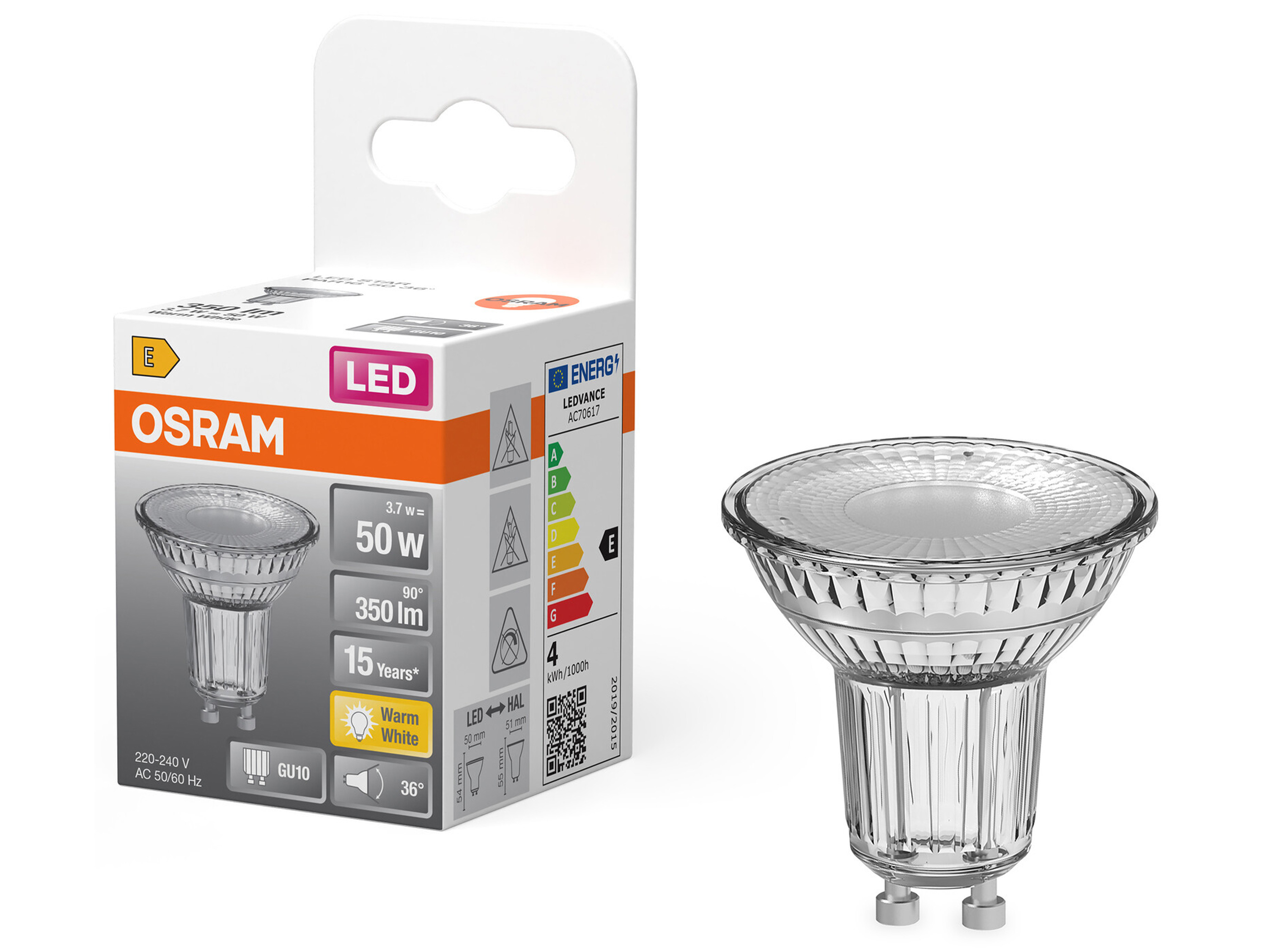 OSRAM LED-Lampe STAR, GU10, 3,7 W, 2700 K, EEK: E, 350 lm, IP20, warmweiß