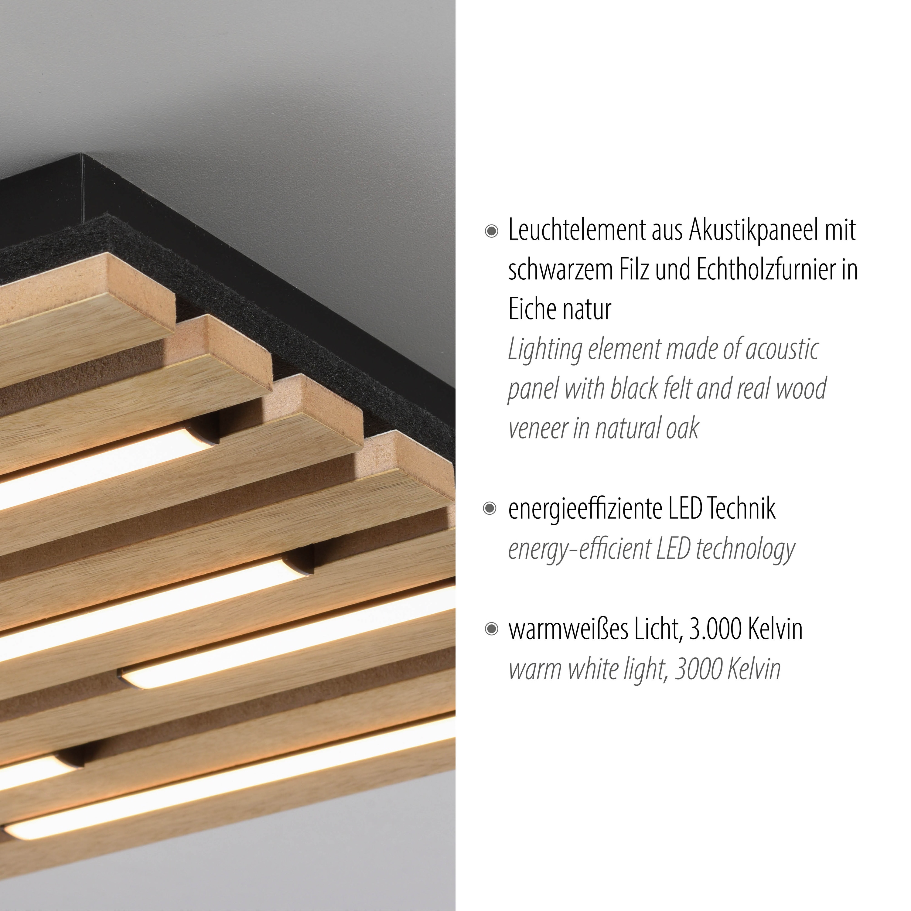 JUST LIGHT LED-Deckenleuchte 15590-79, 10W, 3000K, 1450lm, warmweiß, IP20, Holz/schwarz