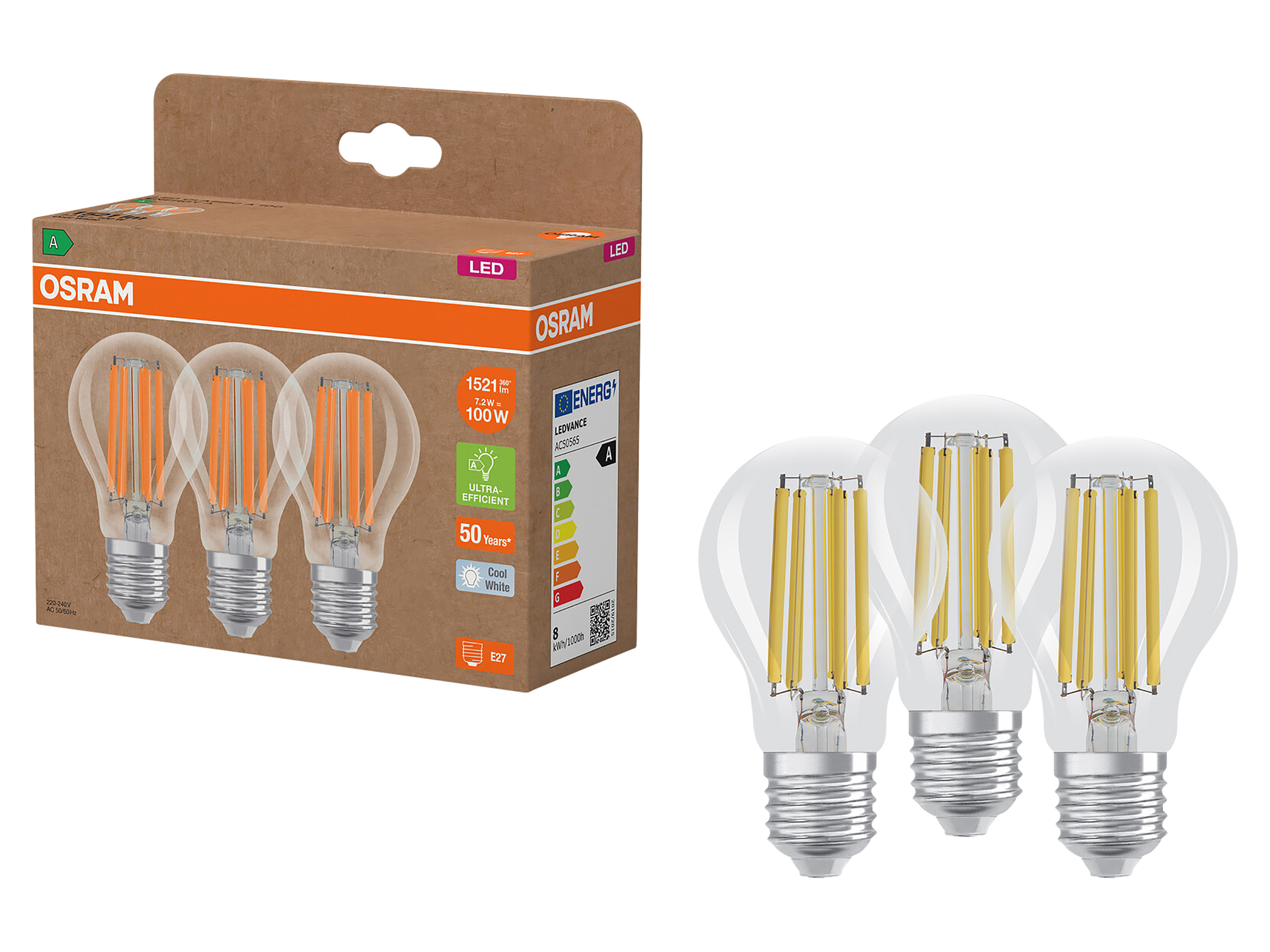 OSRAM LED-Lampe, E27, 7,2W, 4000K, EEK: A, 1521lm, warmweiß, IP20, klar