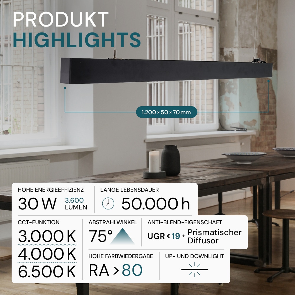 LUXULA LED-Büro-/Tresenleuchte, 30W, 3000/4000/6500K, EEK: E, 3600lm, IP20, schwarz