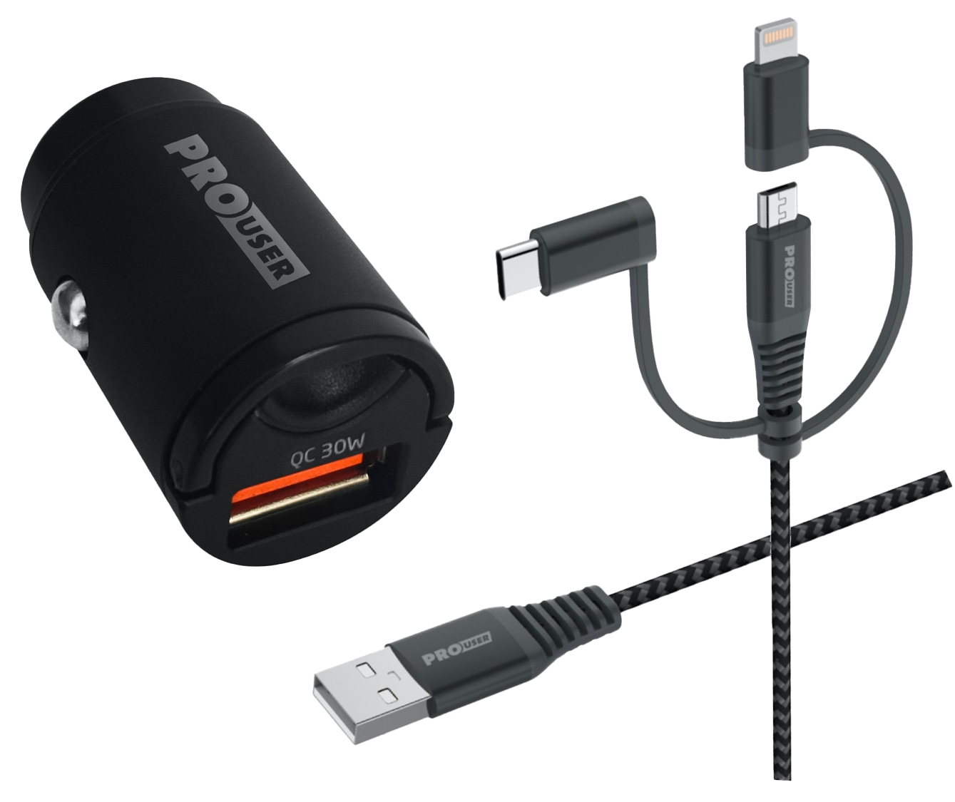 PROUSER KFZ USB-Lader-Set 20176, QC, extra klein, 3in1 USB-Kabel, schwarz