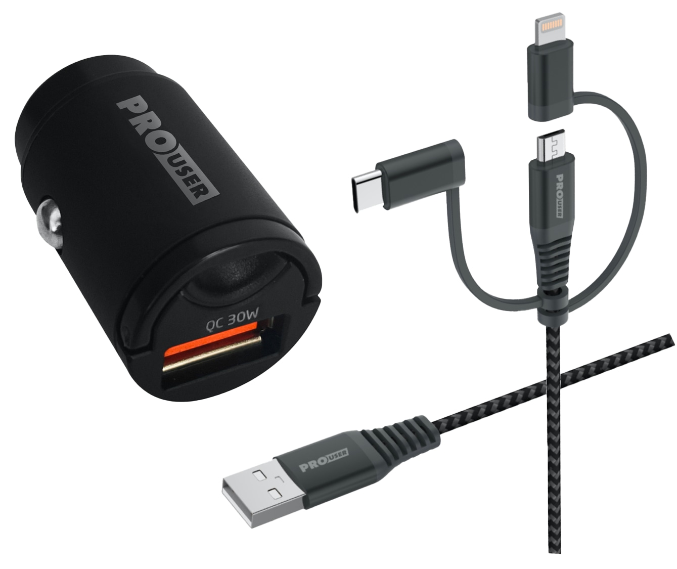 PROUSER KFZ USB-Lader-Set 20176, QC, extra klein, 3in1 USB-Kabel, schwarz PROUSER KFZ USB-Lader-Set 20176, QC, extra klein, 3in1 USB-Kabel, schwarz
