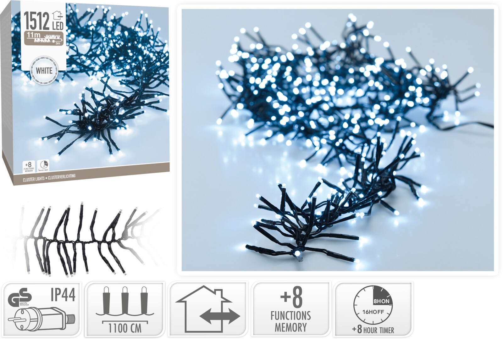 KOOPMAN LED-Clusterbeleuchtung Büschel kaltweiß, 1512 LEDs, sw Kabel, Innen/Außen, 14m