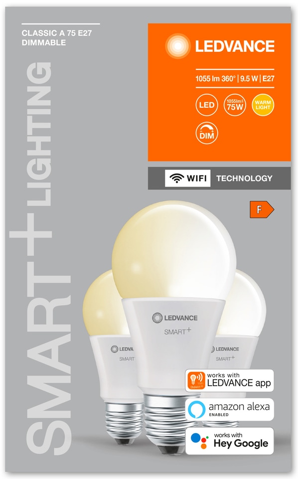 LEDVANCE LED-Lampe SMART+ WiFi Classic, A60, E27, EEK: F, 9,5 W, 1055 lm, 2700 K, Smart, 3 Stück