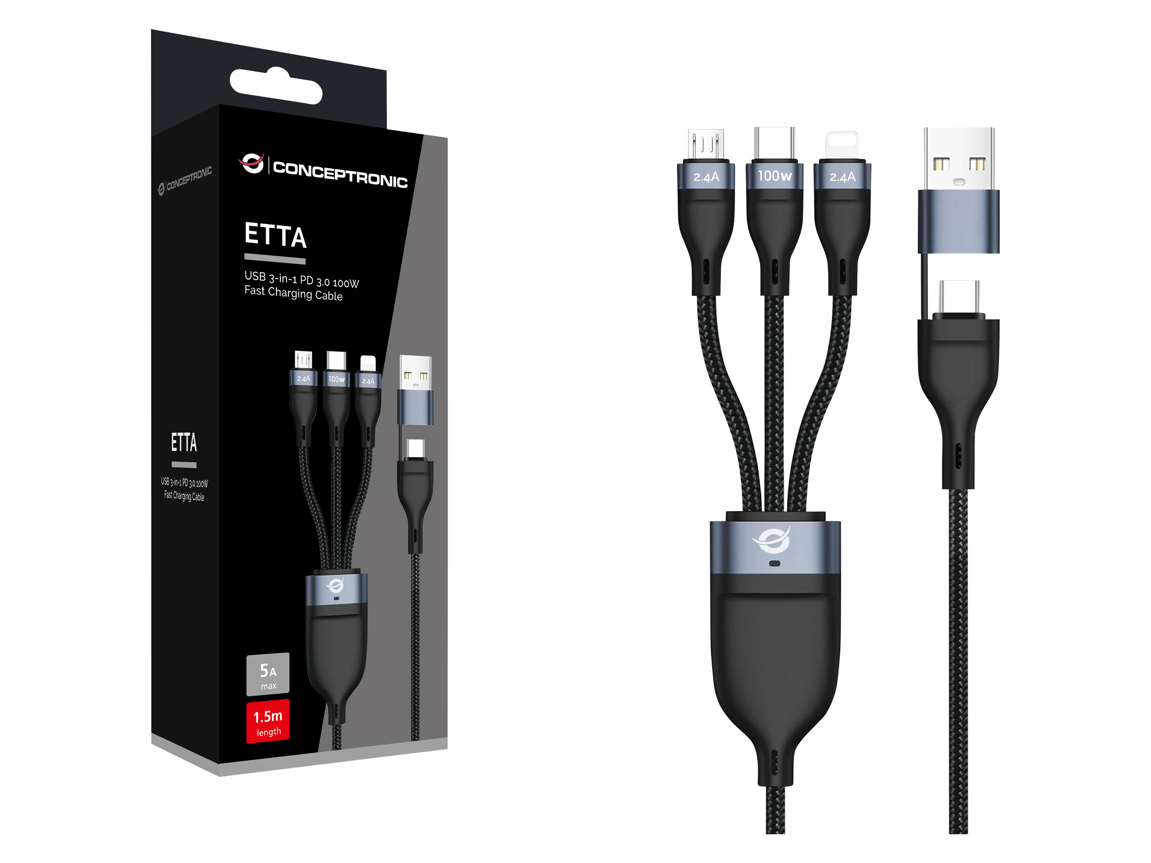 CONCEPTRONIC USB-C Kabel ETTA06B15 100W 1,5m schwarz 3-in-1 CONCEPTRONIC USB-C Kabel ETTA06B15 100W 1,5m schwarz 3-in-1