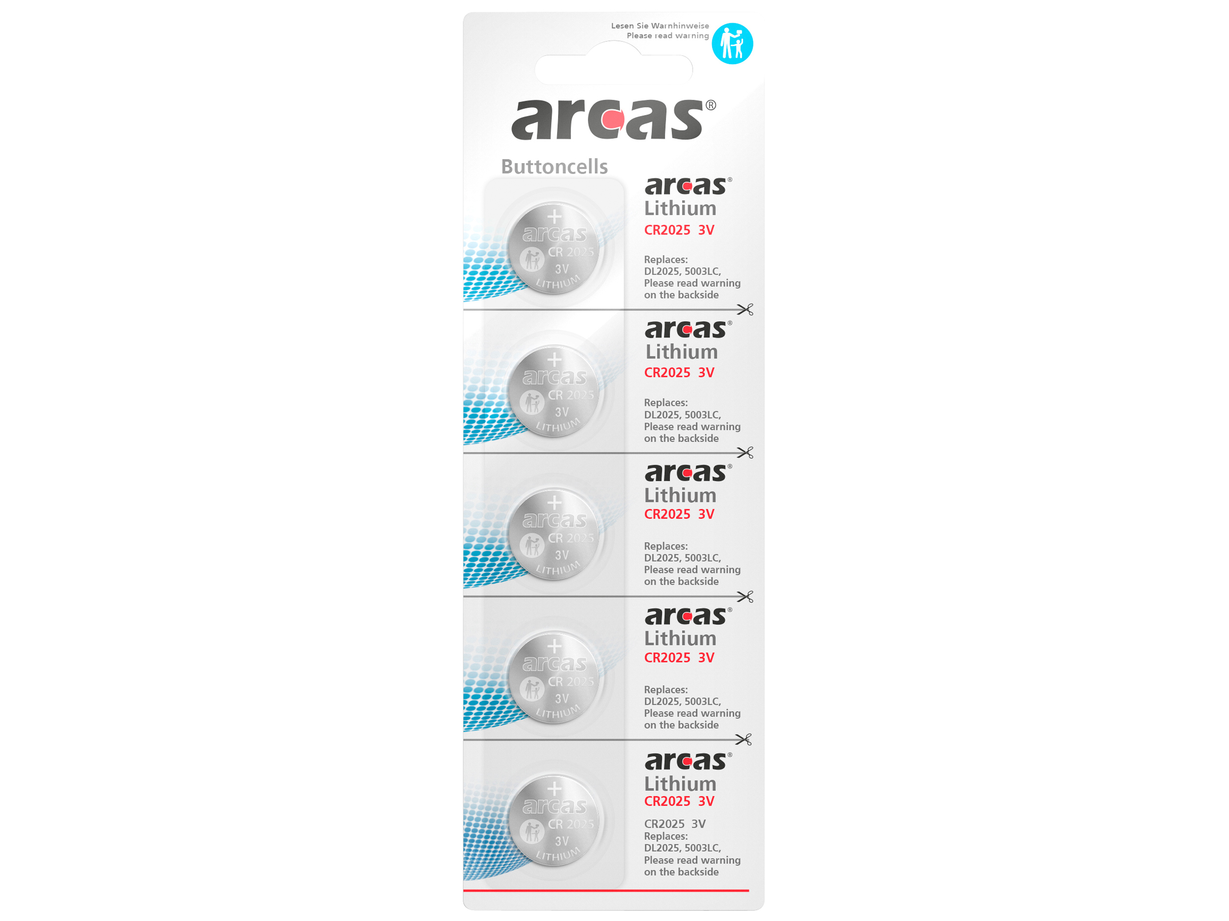 ARCAS Lithium-Knopfzellen CR2025, 5 Stück