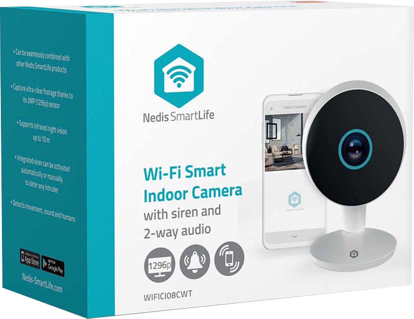 NEDIS SmartLife Indoor Kamera WIFICI08CWT, 3MP Full HD 1296p, Nachtsicht, Bewegungsmelder, weiß