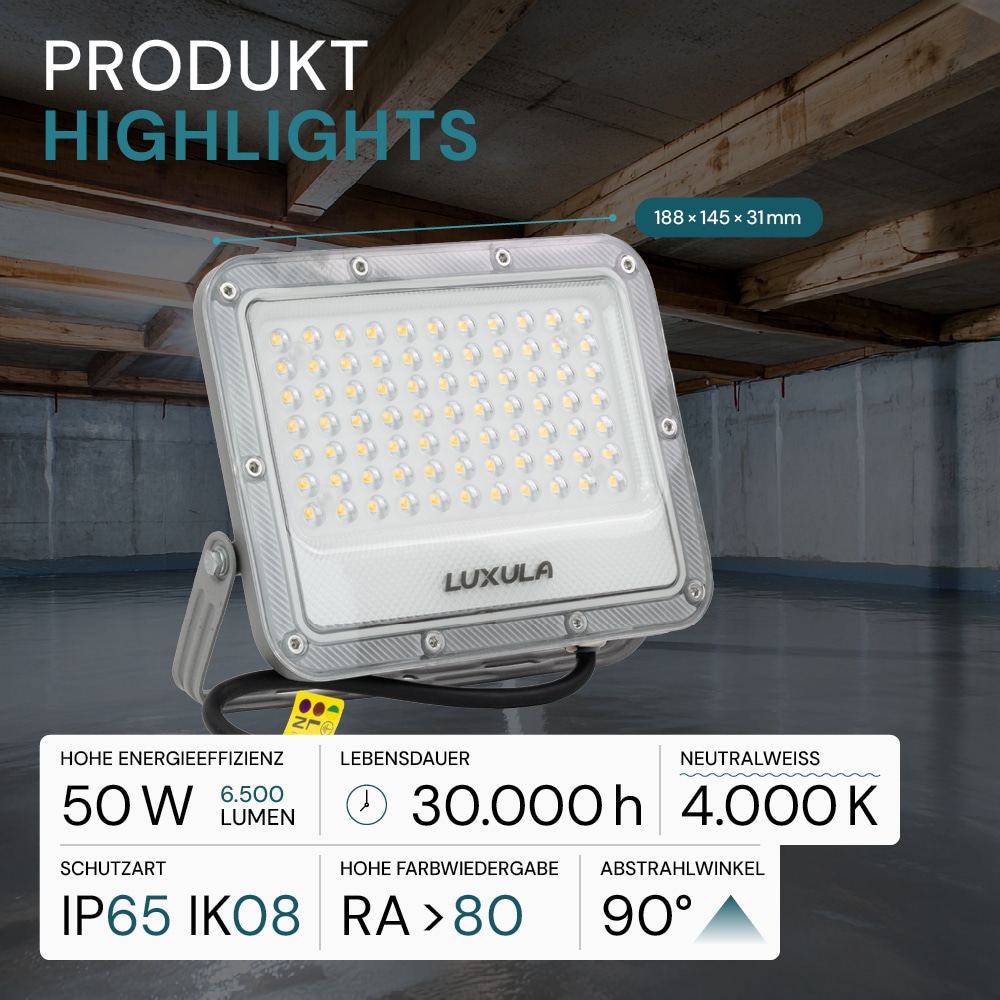 LUXULA LED-Fluter, EEK: E, 50W, 6500lm, 4000K, IP65, grau