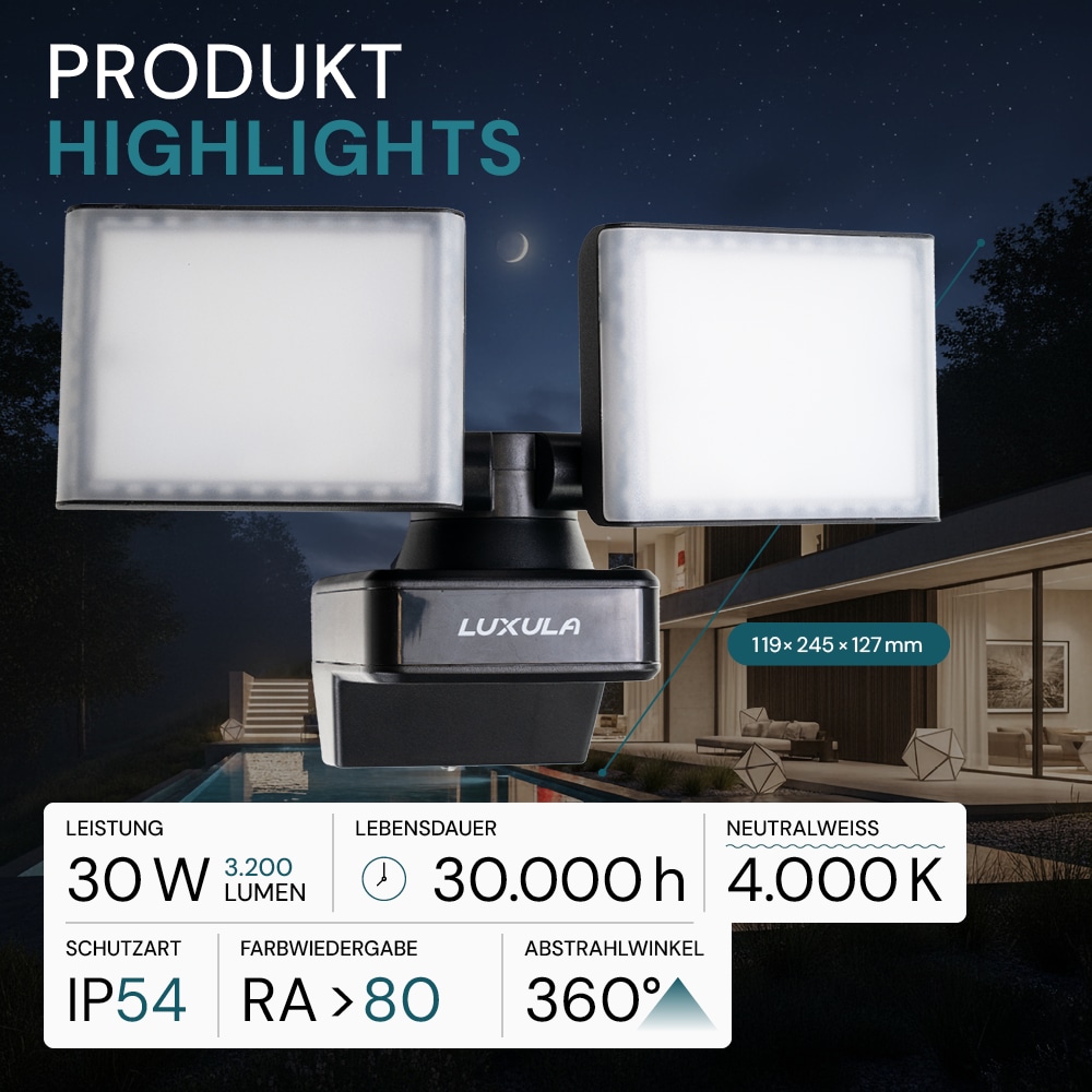 LUXULA LED-Fluter LX400190, 2-köpfig, 2x 15 W, 3200 lm, 4000 K, schwarz