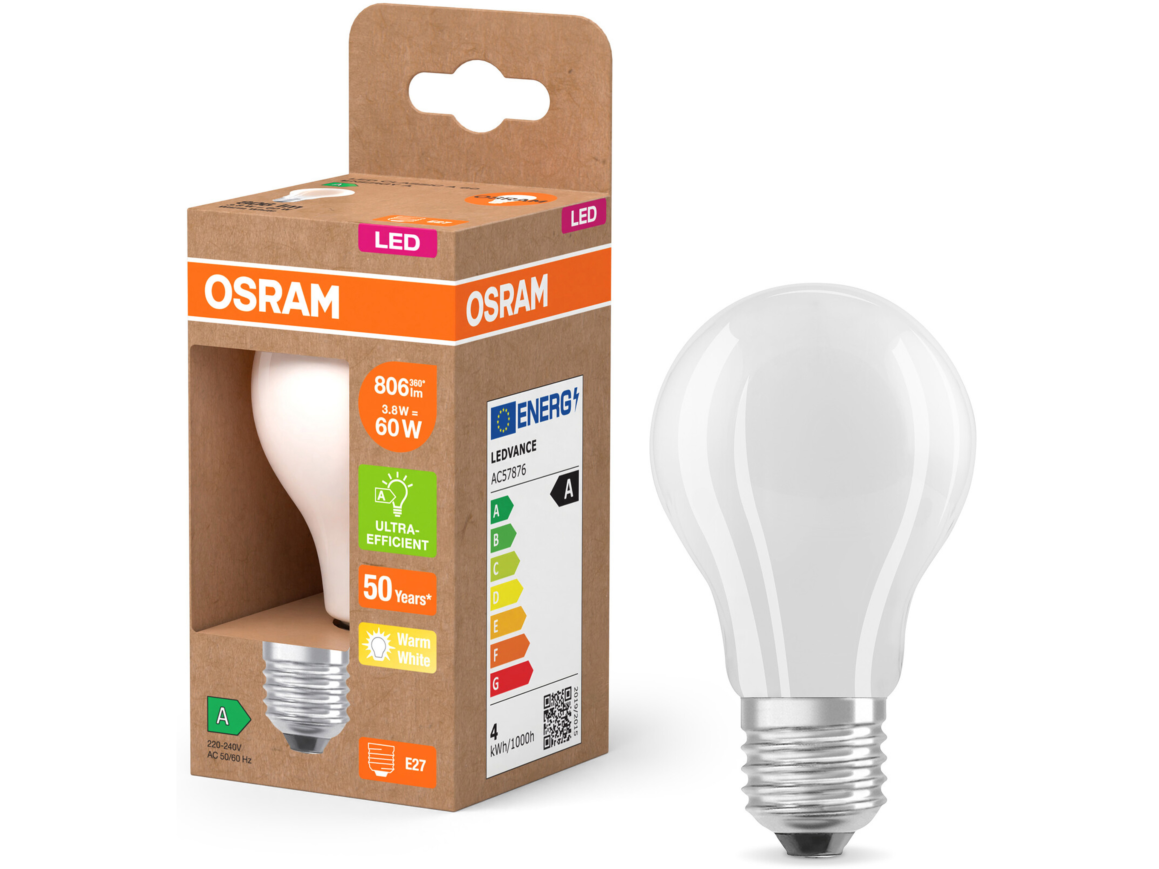 OSRAM LED-Lampe, Kolbenform, E27, 3,8 W, 2700 K, EEK: A, 806 lm, warmweiß