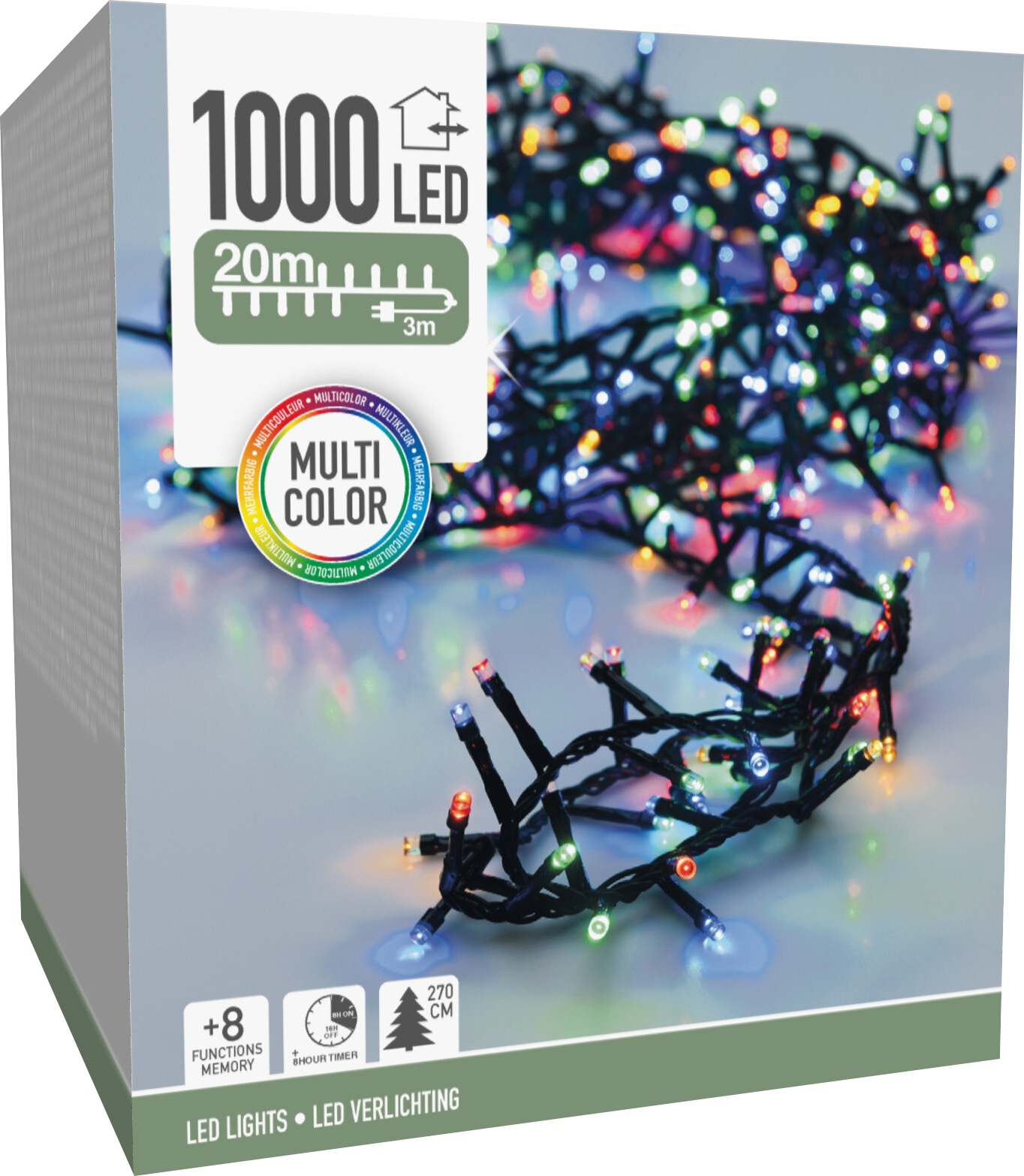 LED-Clusterlichterkette bunt, 1000 LEDs, Grünes Kabel, Innen/Außen, 20m