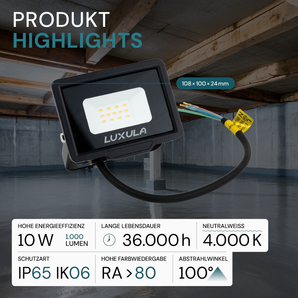LUXULA LED-Fluter, EEK: F, 10W, 1000lm, 4000K, schwarz