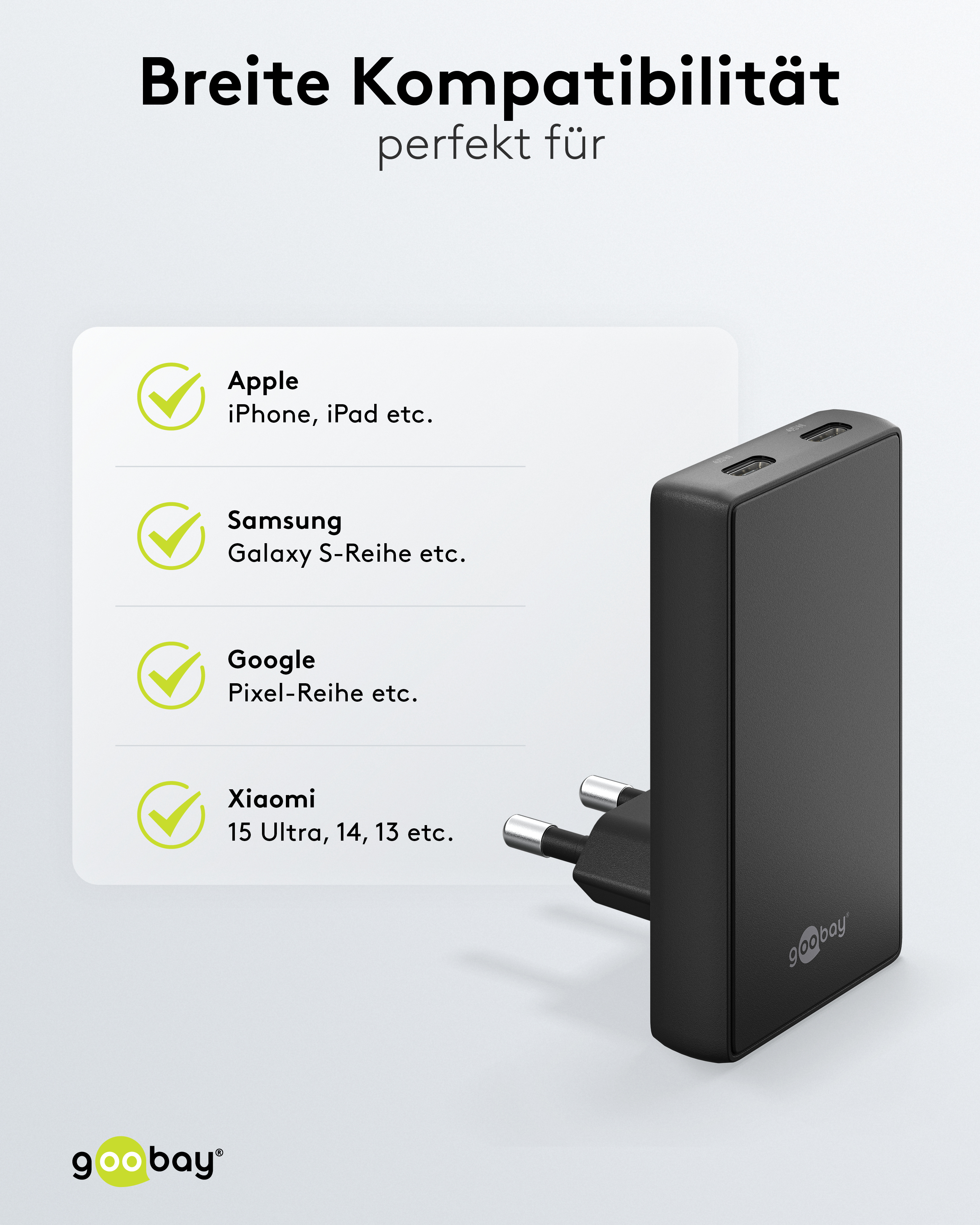 GOOBAY Dual-Schnelladegeräte, 45W, 2x USB-C, 90° abgewickelt, flach, schwarz