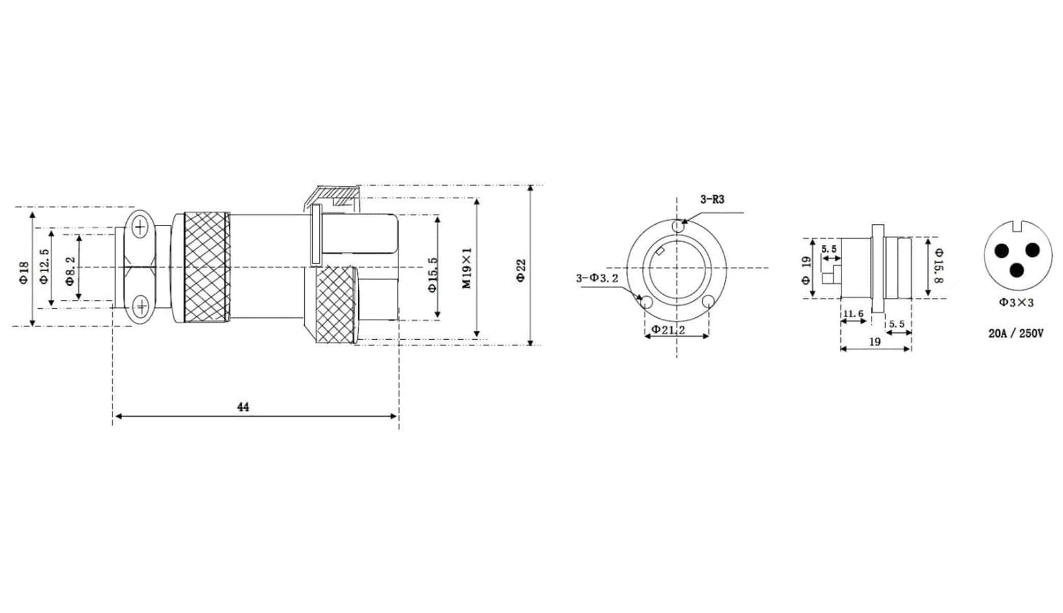 Hochstrom Einbaustecker-Set, 3-polig, Ø 19 mm, mit Abdeckkappe Hochstrom Einbaustecker-Set, 3-polig, Ø 19 mm, mit Abdeckkappe