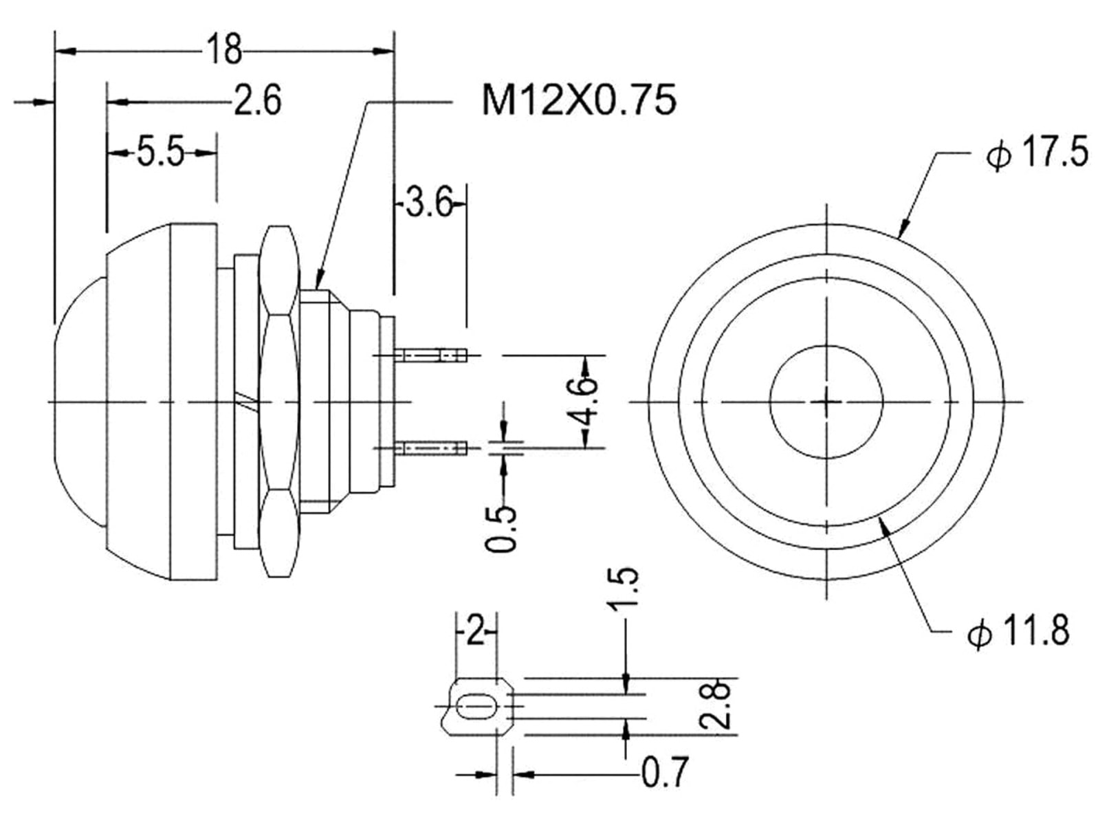 Drucktaster rot Ø 17,5mm, 36V/1A, 1-polig, Schließer, Lötanschluss