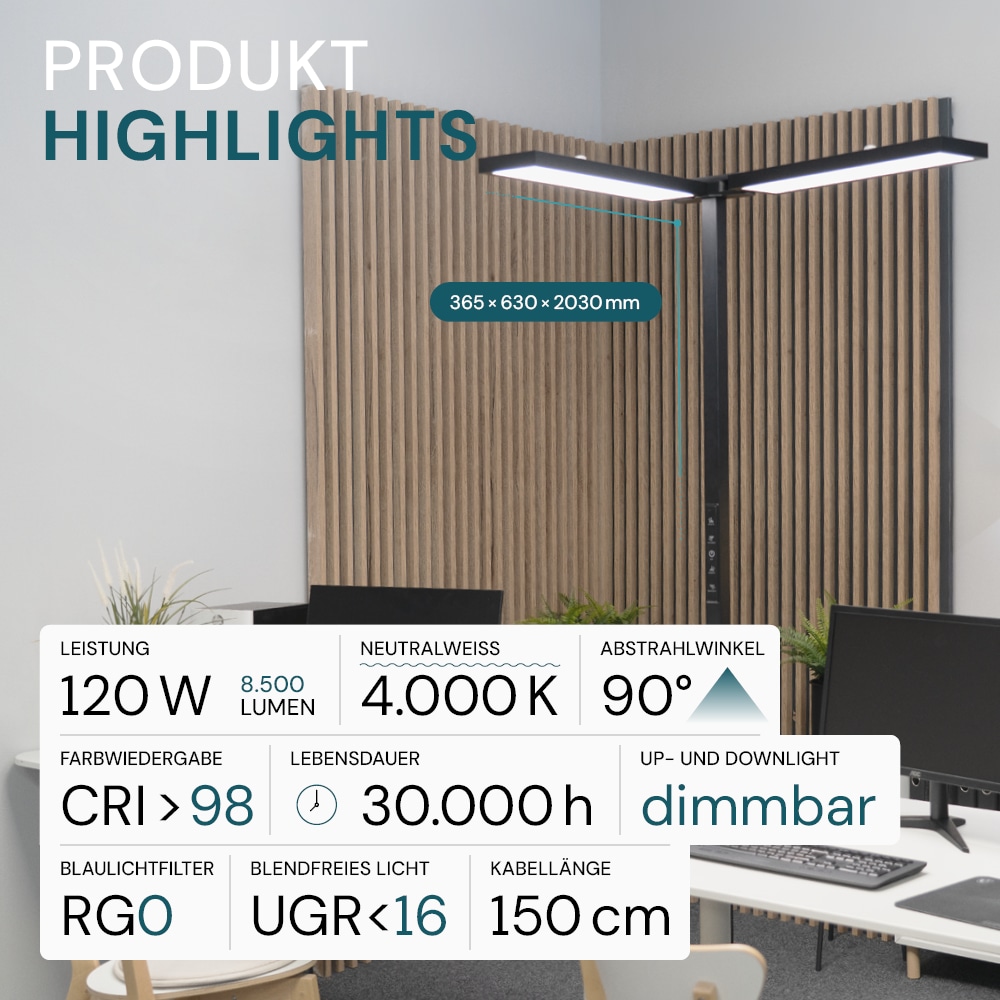 LUXULA LED-Büro-Stehleuchte, Up/Down, 120W, 4000K, EEK: F, 8500lm, IP20, dimmbar, schwarz