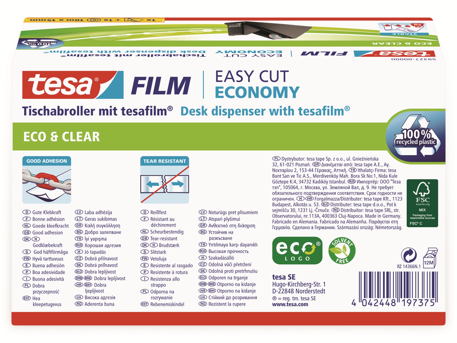 TESA film® Sparpack Abroller + film® eco&clear, 1 Rolle 10m:15mm, 59327-00000-02