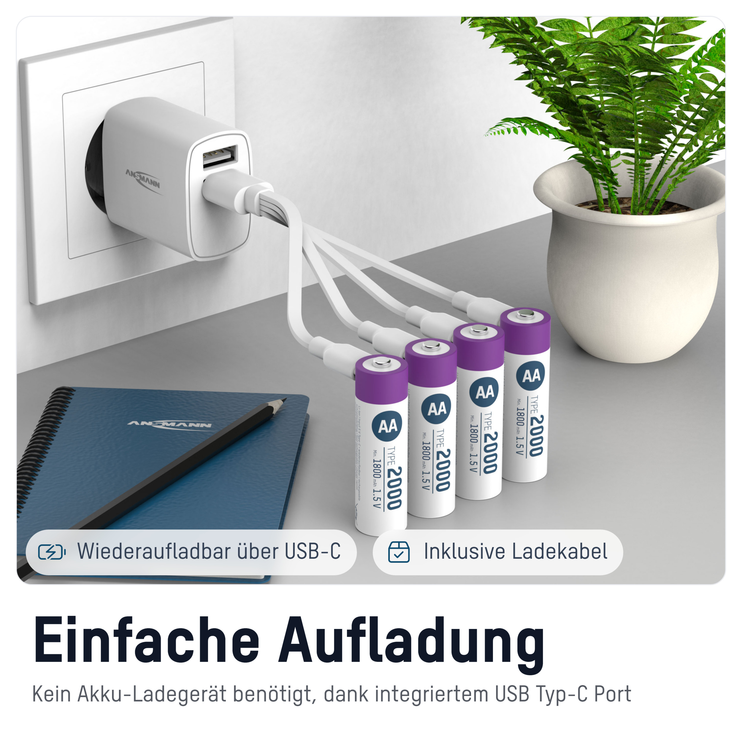 ANSMANN Li-Ion Mignon-Akku, AA, Typ 2000 (min. 1800mAh), 4 Stück