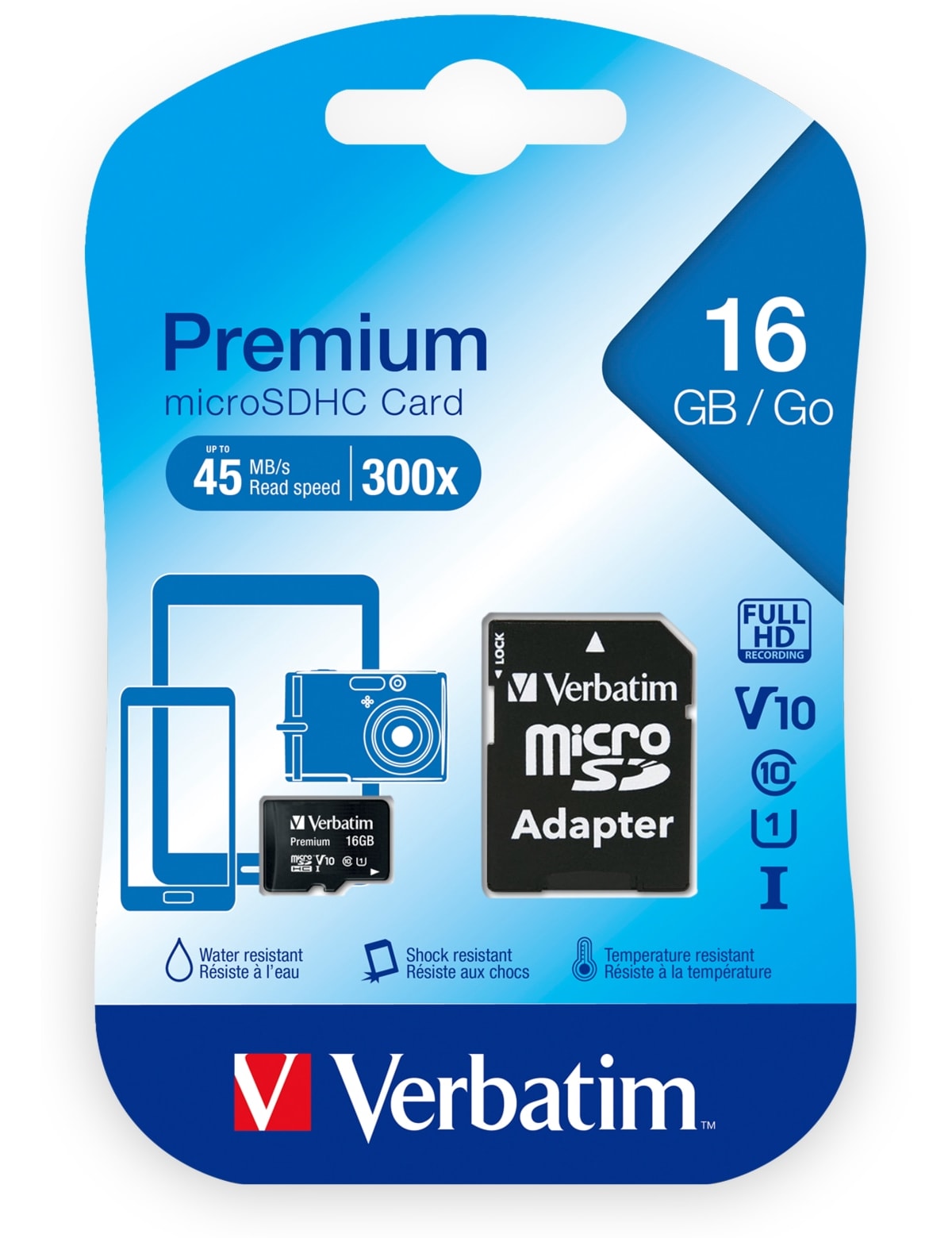 VERBATIM MicroSDHC Card Premium, 16 GB, Class 10, inkl. Adapter