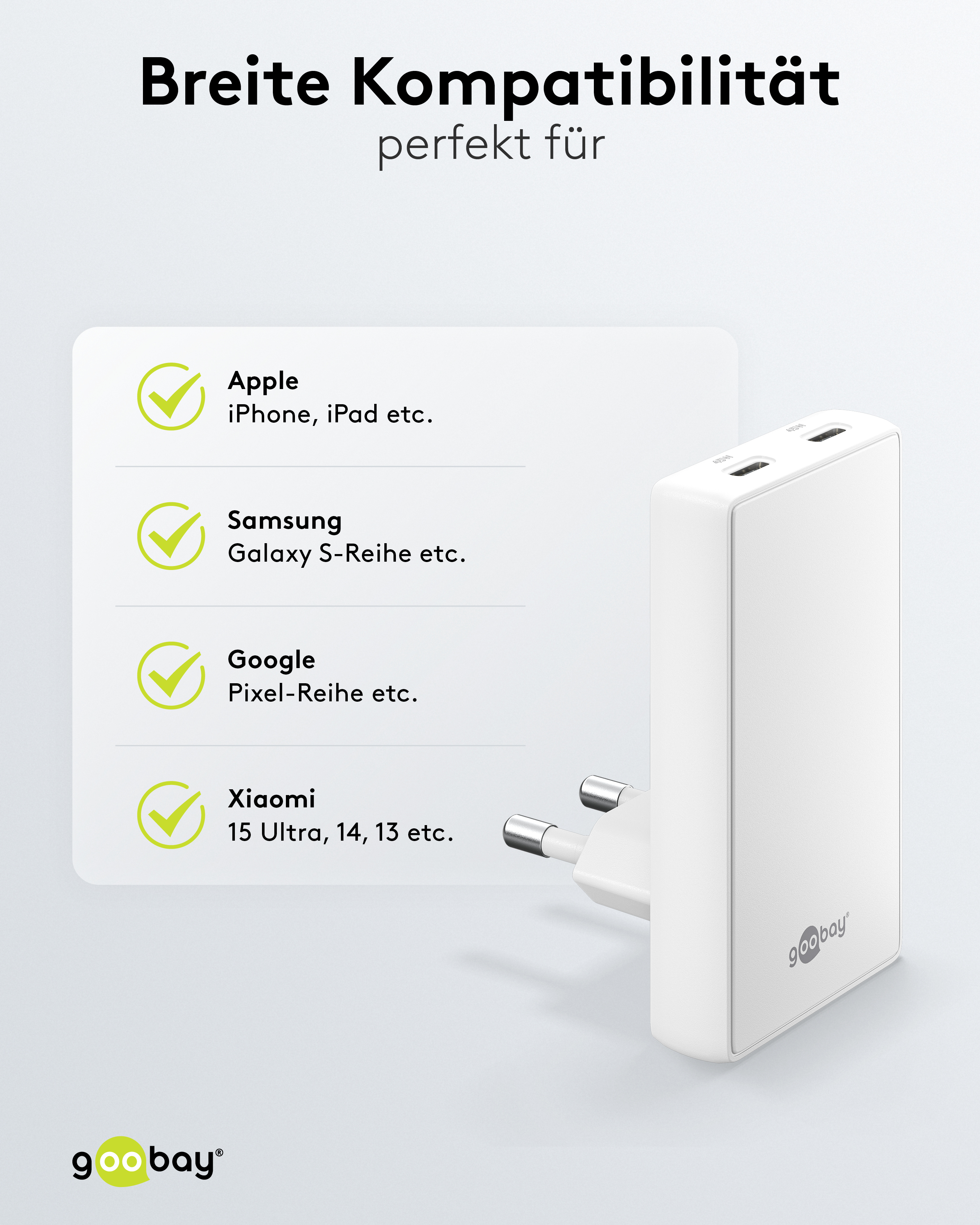 GOOBAY Dual-Schnellladegerät, 45W, 2x USB-C, 90° abgewickelt, flach, weiß