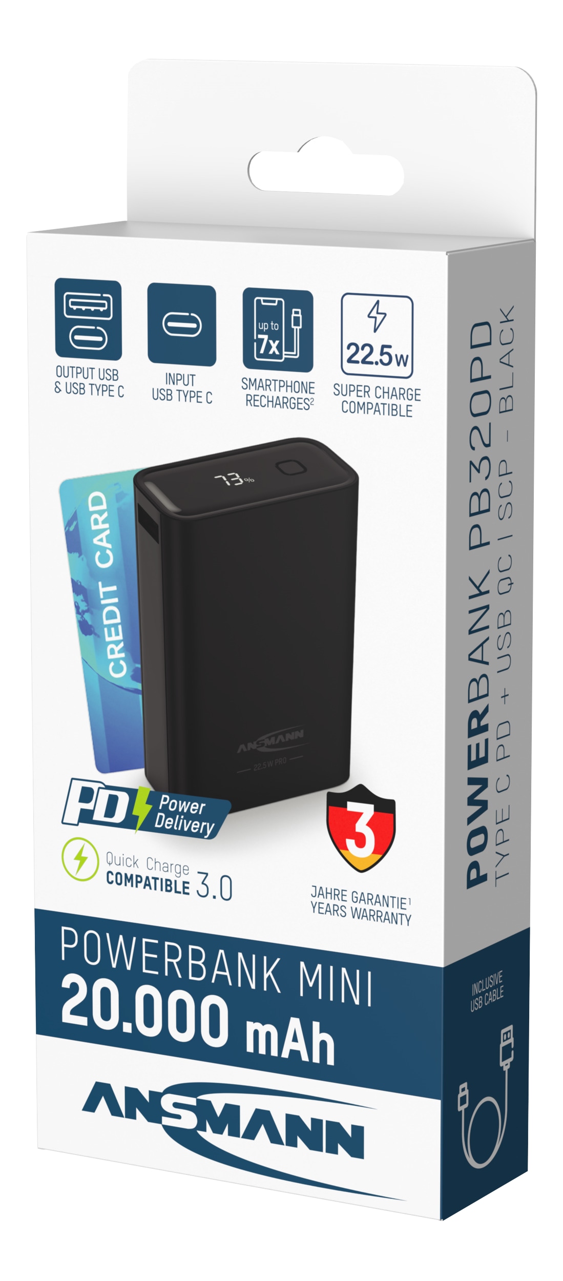 ANSMANN Powerbank PB222PD, 20000 mAh, 1xUSB-A, 1xUSB-C, schwarz
