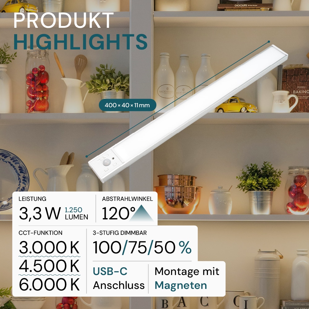 LUXULA LED-Schrankleuchte mit Bewegungsmelder, 3,3W, 1250lm, CCT, IP20, silber, 40cm