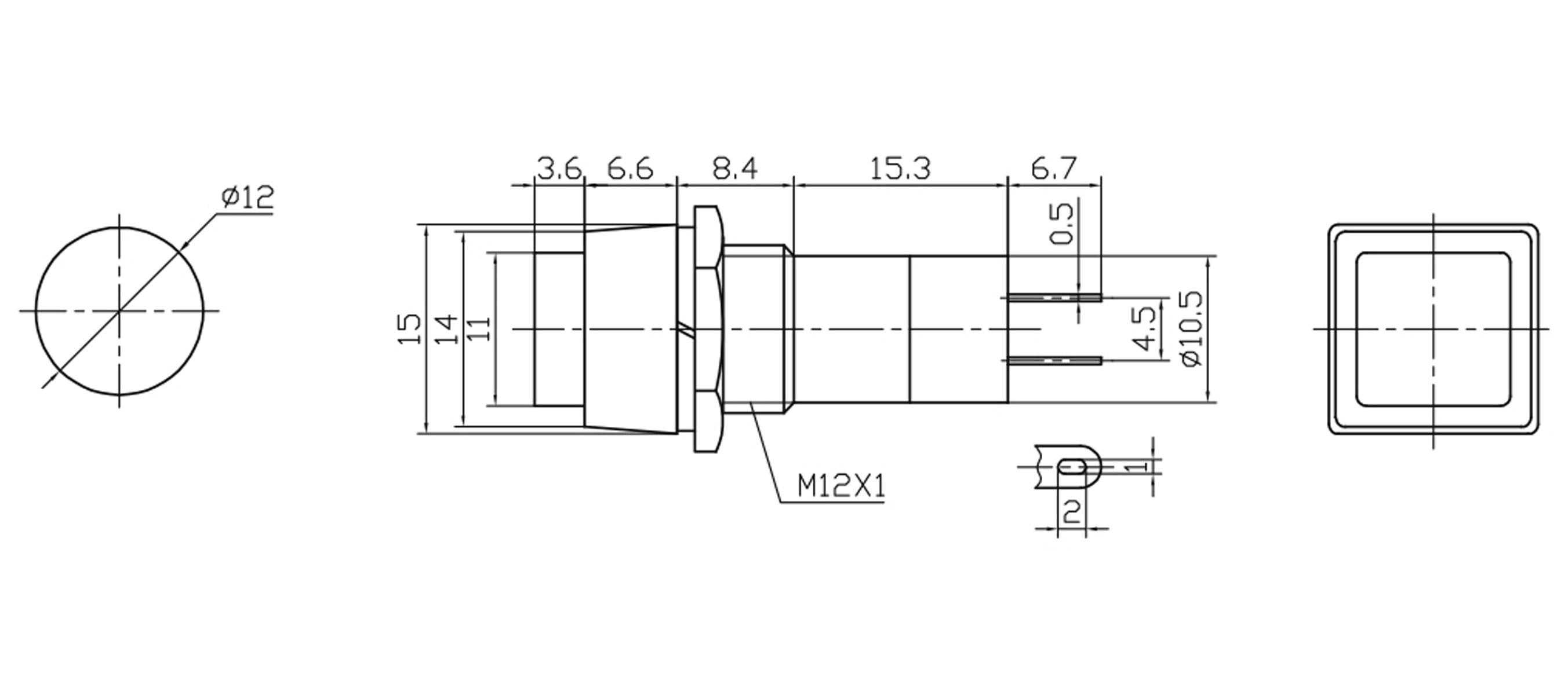 Einbau-Druckschalter PBS-12A, quadratisch, Ein/Aus, grün