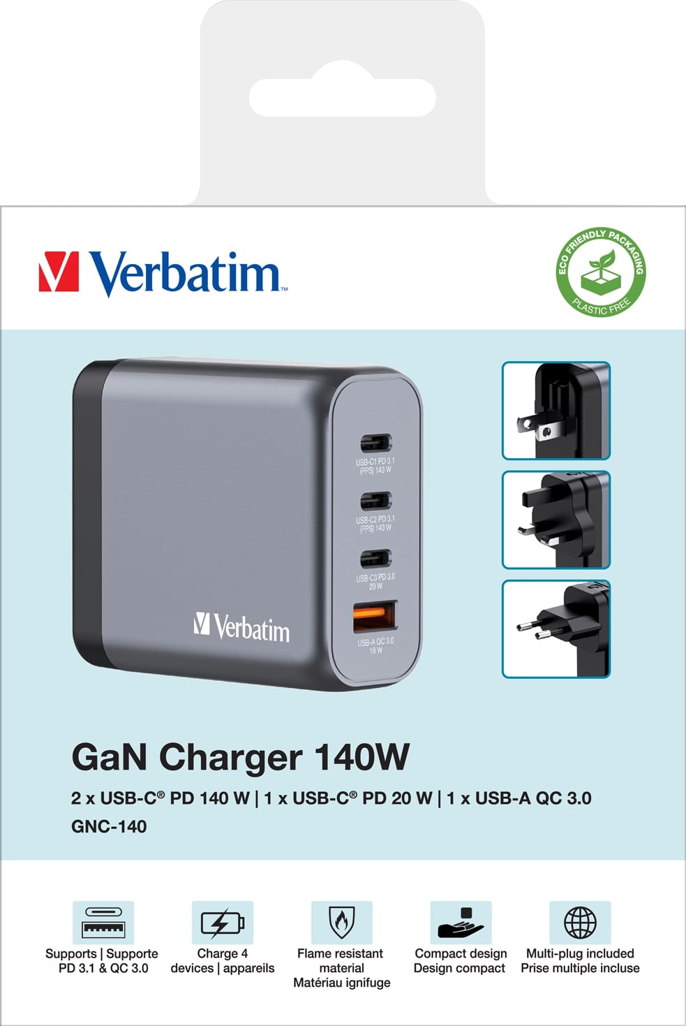 VERBATIM USB-Ladegerät 32203, 140W, 1x USB-A QC, 3x USB-C PD, grau VERBATIM USB-Ladegerät 32203, 140W, 1x USB-A QC, 3x USB-C PD, grau