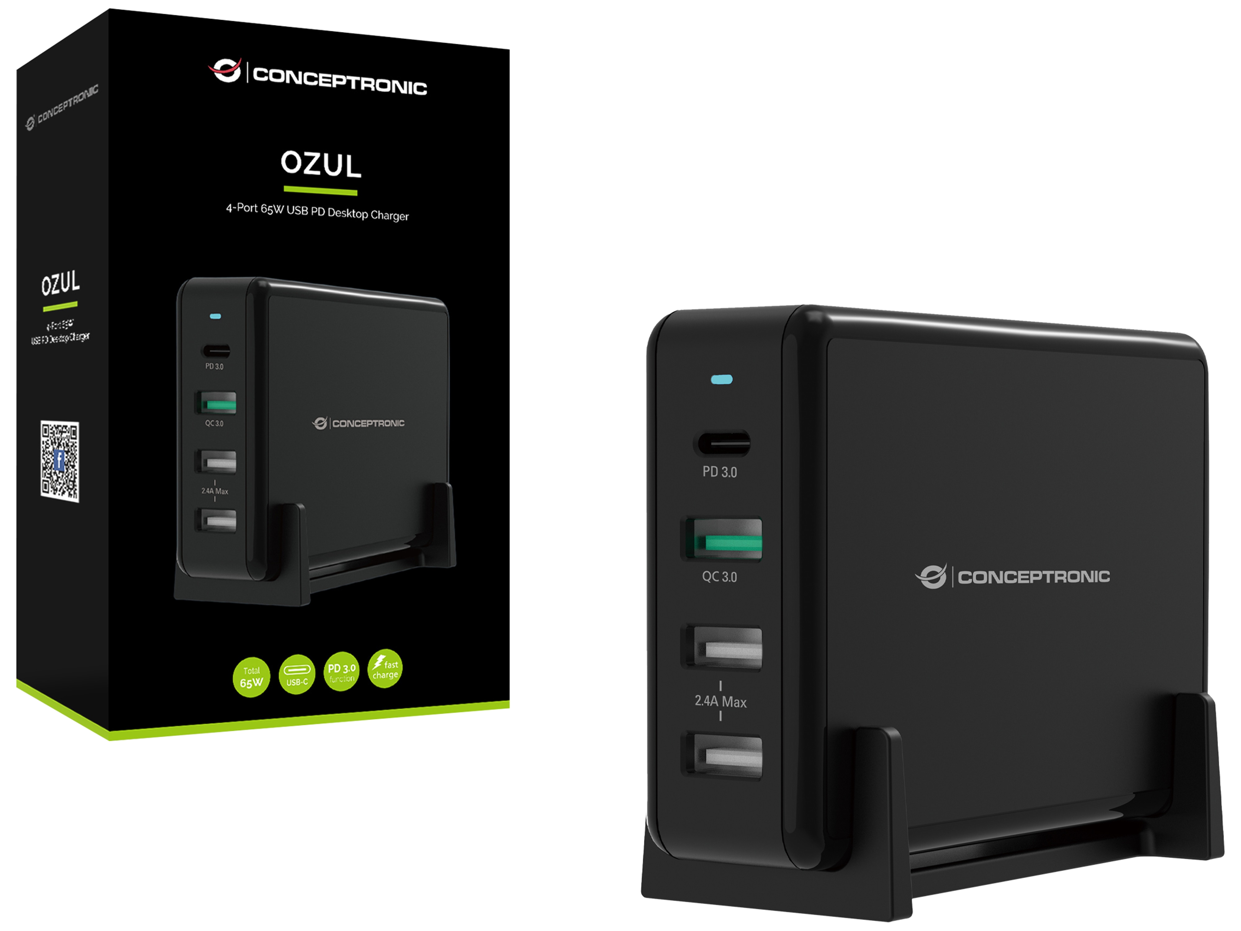Conceptronic Desktop-Ladegerät OZUL, 4-Port, 65W, USB-PD