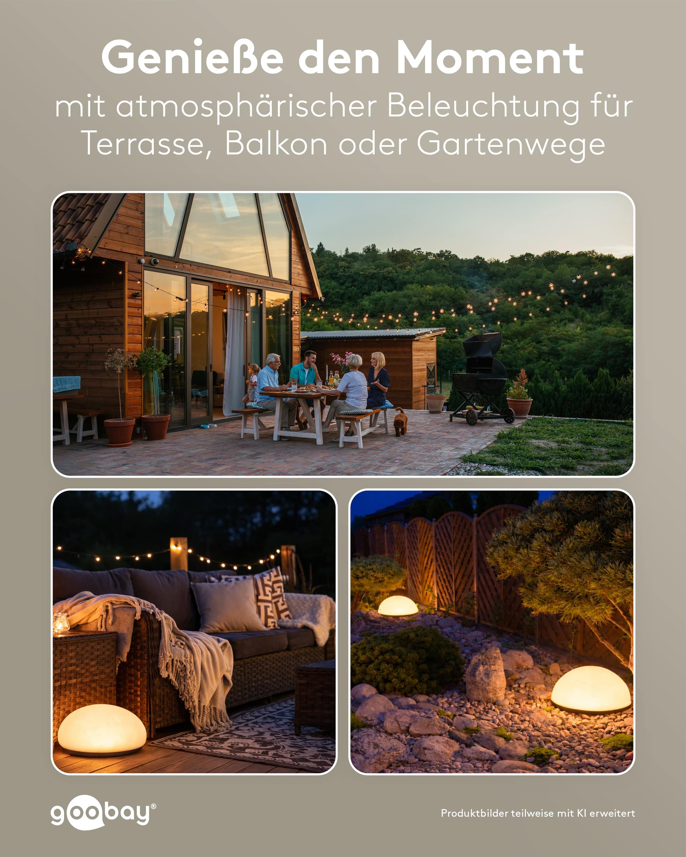 GOOBAY LED-Solar-Gartenleuchten, 24 cm, Stein, Größe M, RGBW, 2 Stück