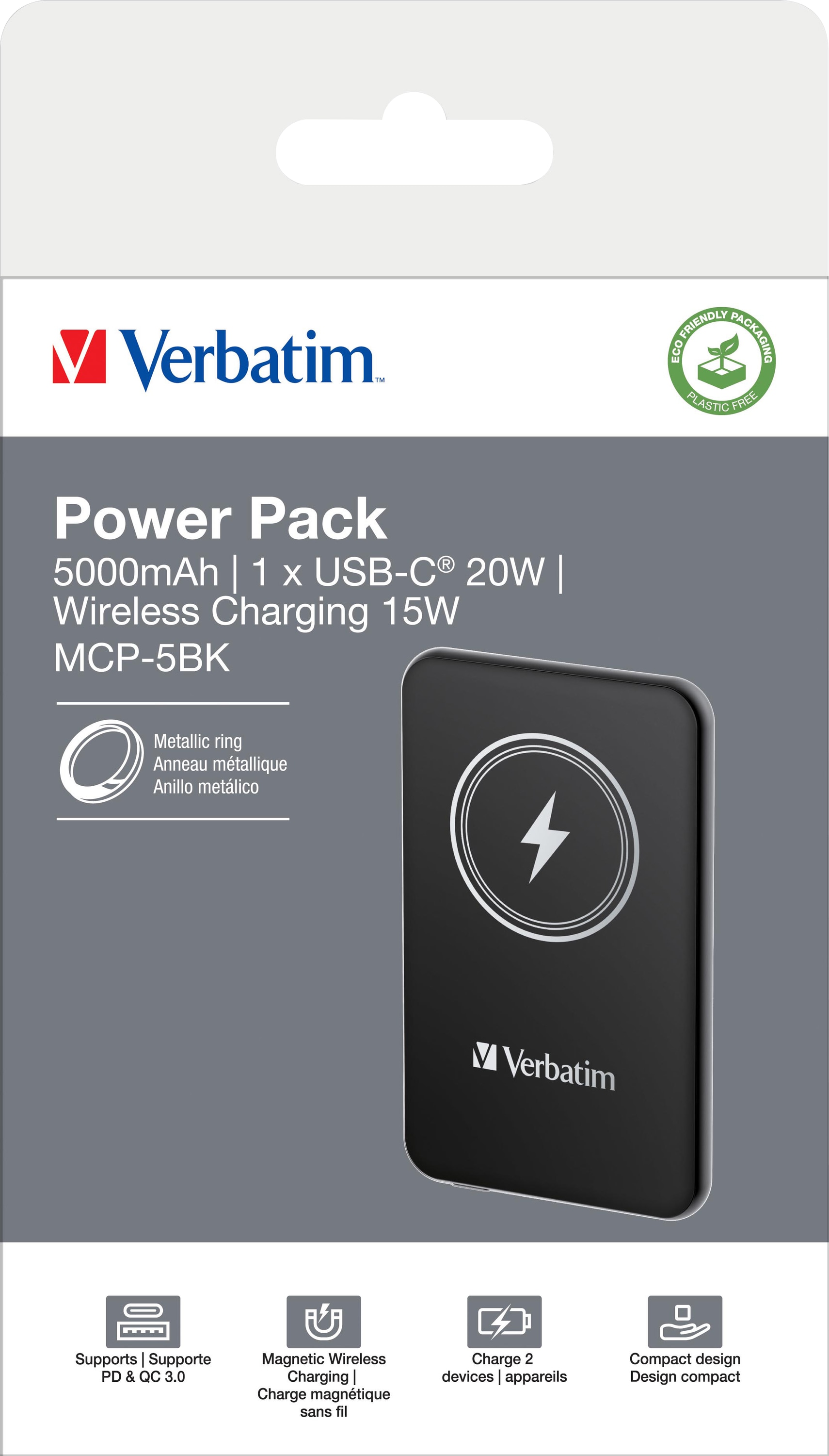 VERBATIM Akku Powerbank, 5.000mAh, MCP-5BK, Magnetic Wireless, USB-C, schwarz