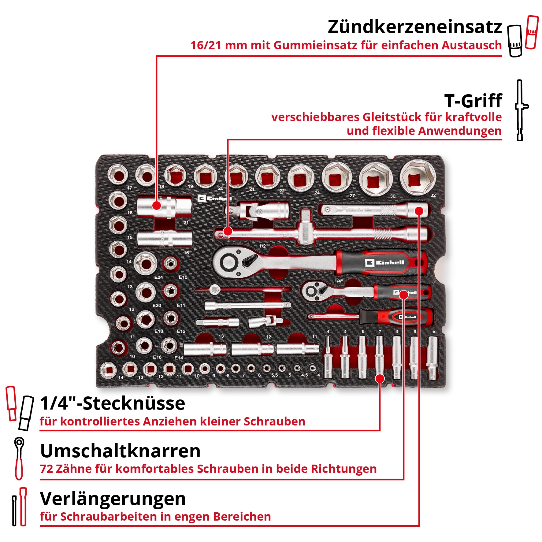 EINHELL E-Case-Einleger Stecknüsse und Ratschen, 370520, 60-teilig