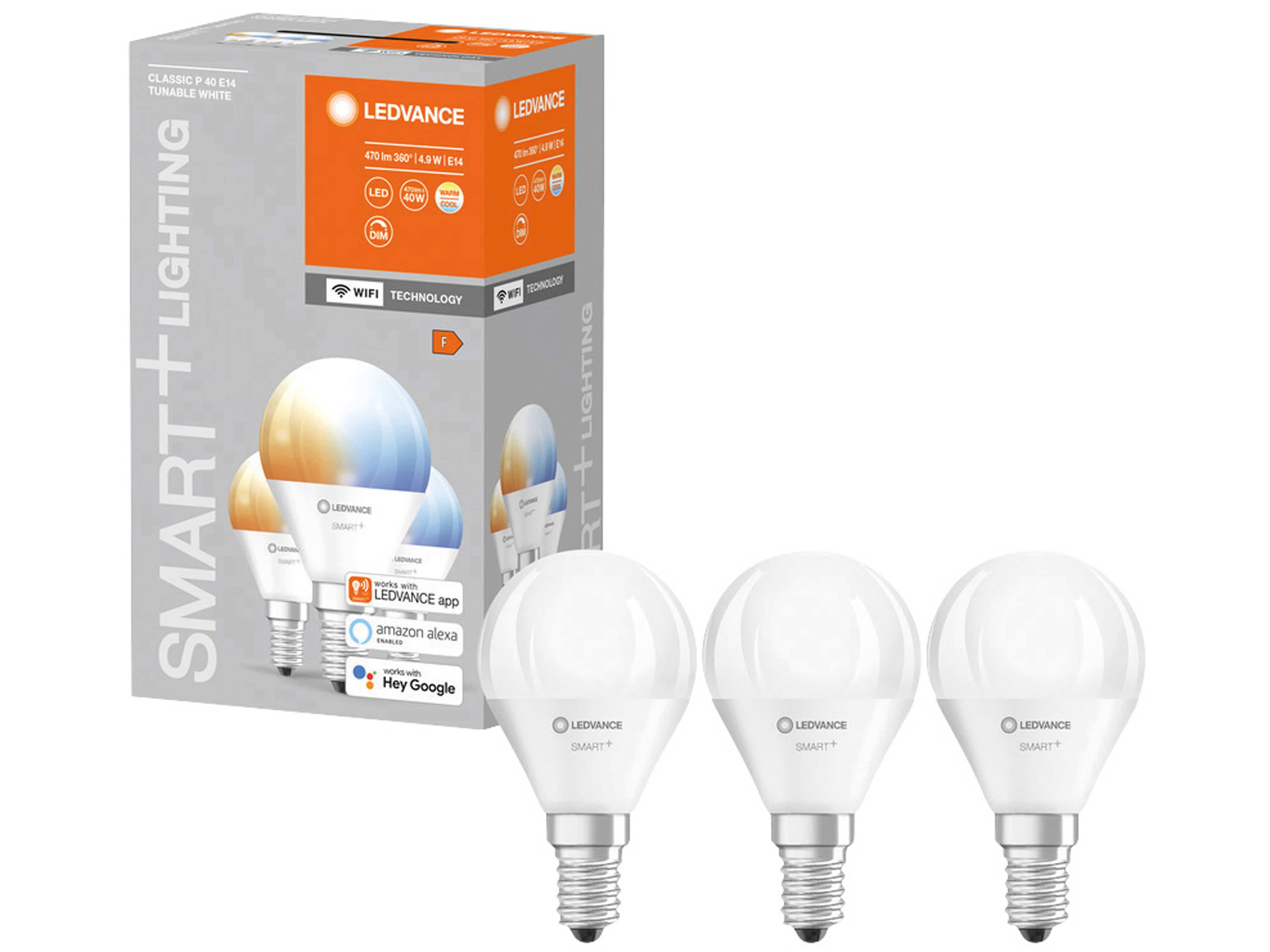 LEDVANCE LED-Lampe SMART+ WiFi Mini bulb, P46, E14, EEK: F, 4,9 W, 470 lm, 2700…6500 K, Smart, 3 St.