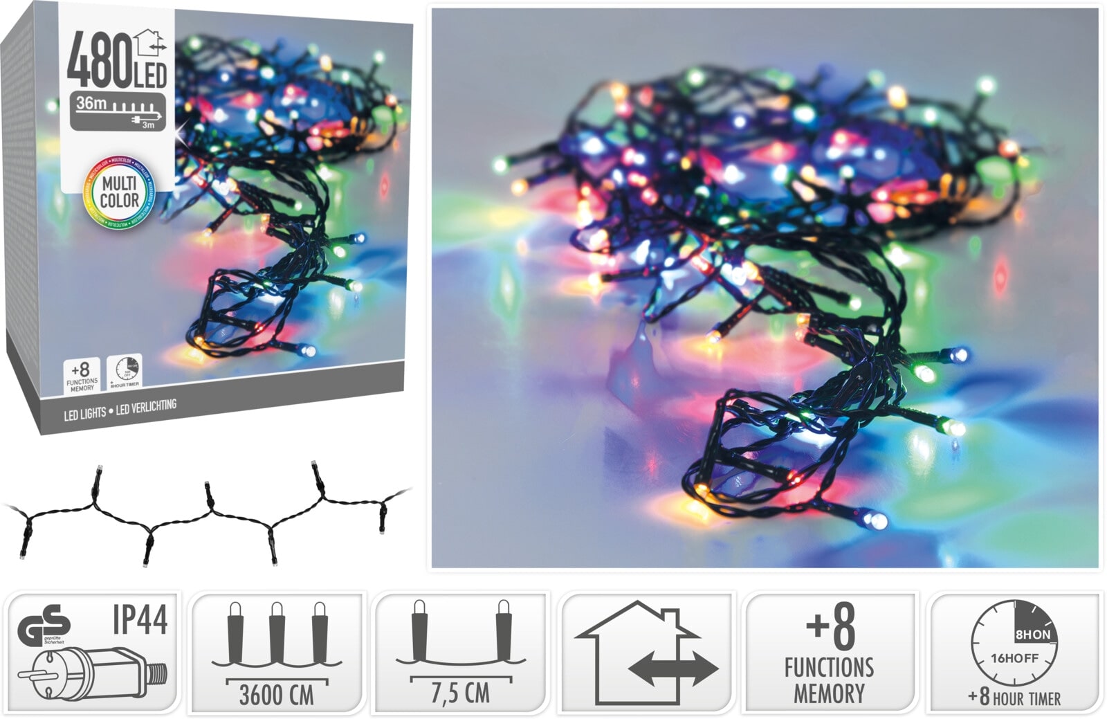LED-Lichterkette bunt, 480 LEDs, Grünes Kabel, Innen/Außen, 39m, 8 Funk. KOOPMAN LED-Lichterkette bunt, 480 LEDs, Grünes Kabel, Innen/Außen, 39m, 8 Funk.